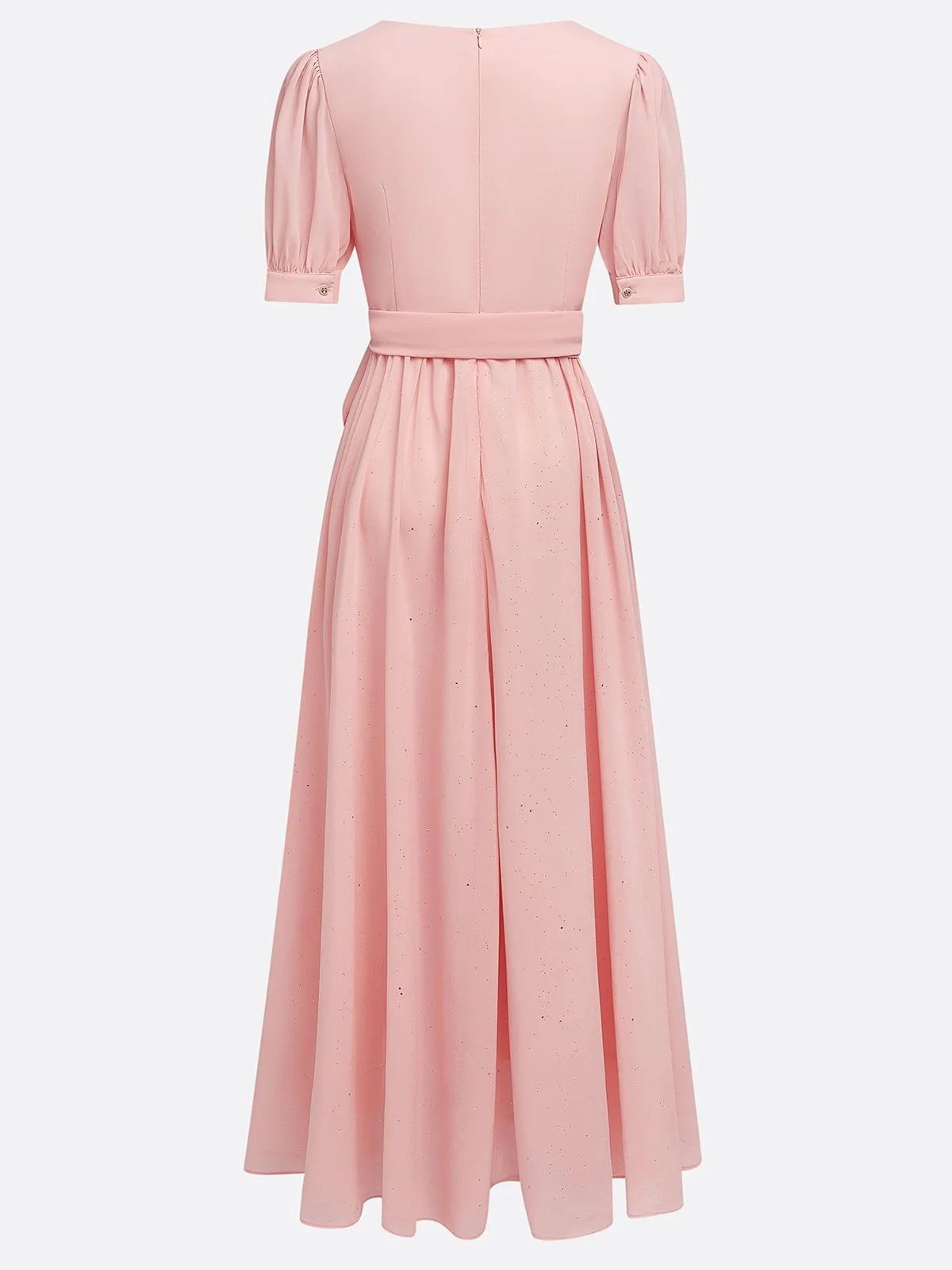 Pink Ruched Bow Chiffon V Neck Short Sleeve Sheath Maxi Dress