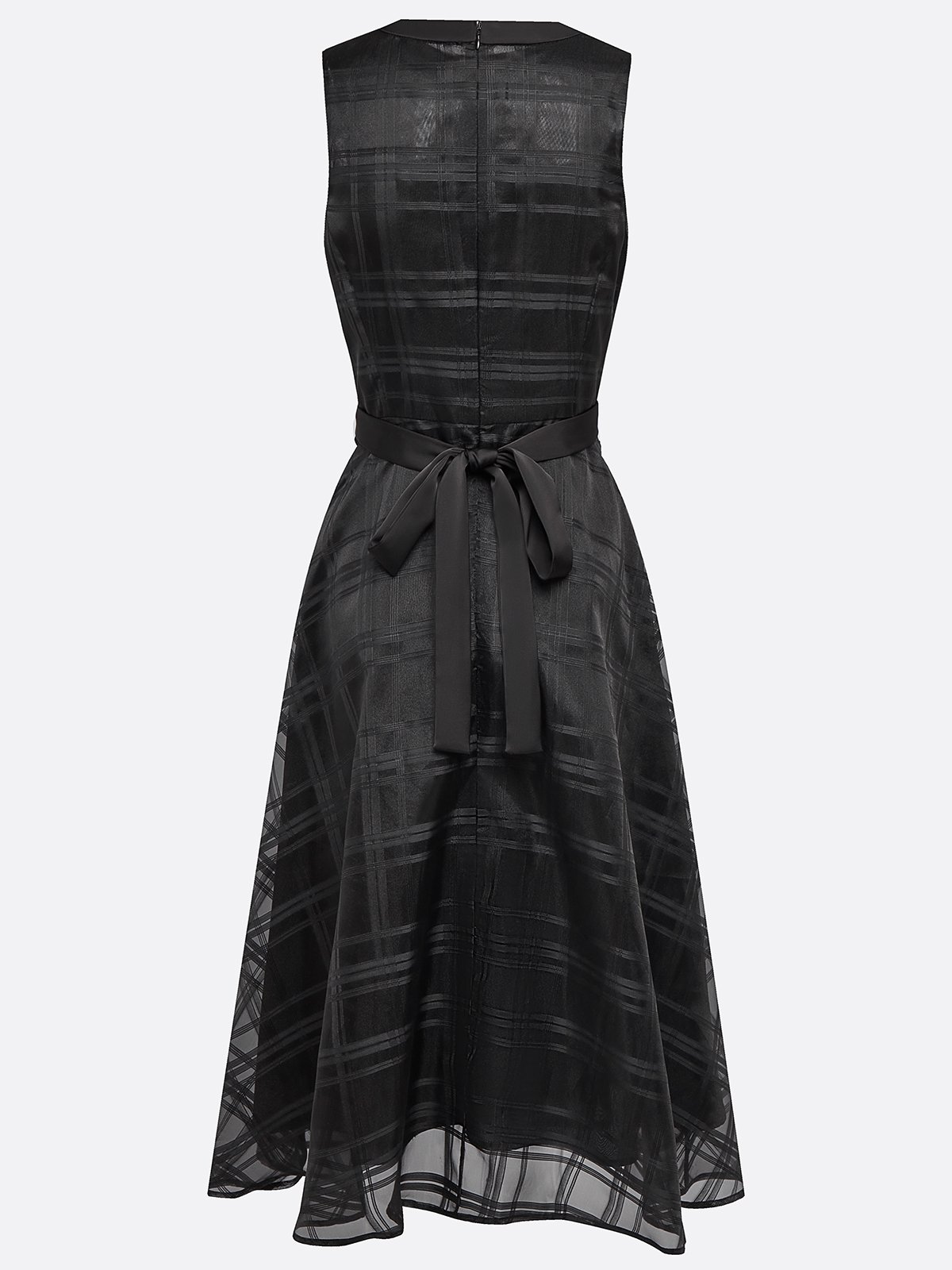 Black Organza Mesh Plaid Classic Crew Neck Sleeveless A-Line Midi Dress