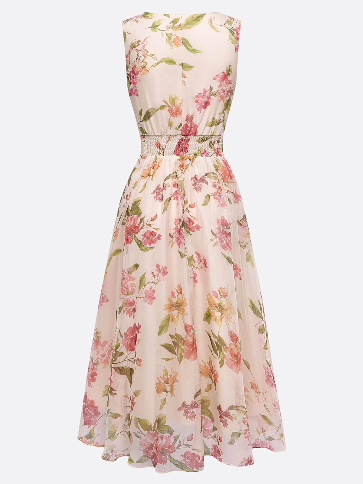 Beige Ruched Floral Chiffon V Neck Sleeveless A-Line Midi Dress