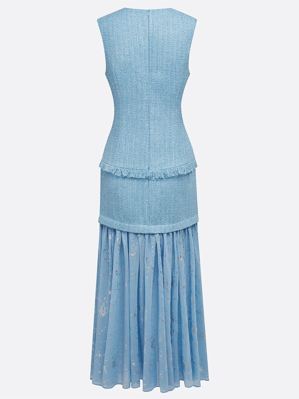 Blue Rhinestone Tassel Tweed Crew Neck Sleeveless A-Line Maxi Dress