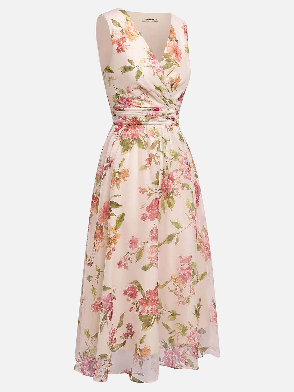 Beige Ruched Floral Chiffon V Neck Sleeveless A-Line Midi Dress