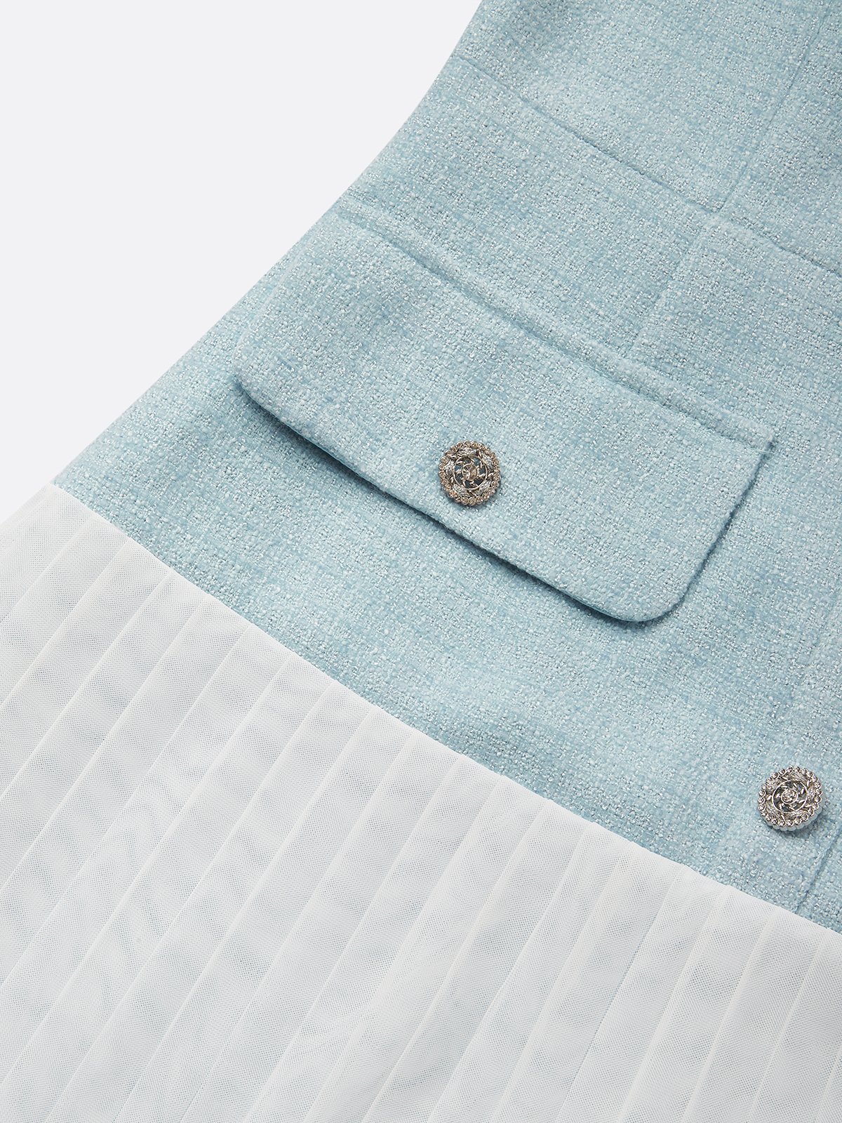 Light Blue Braided Strap Mesh Tweed Crew Neck Short Sleeve A-Line Midi Dress