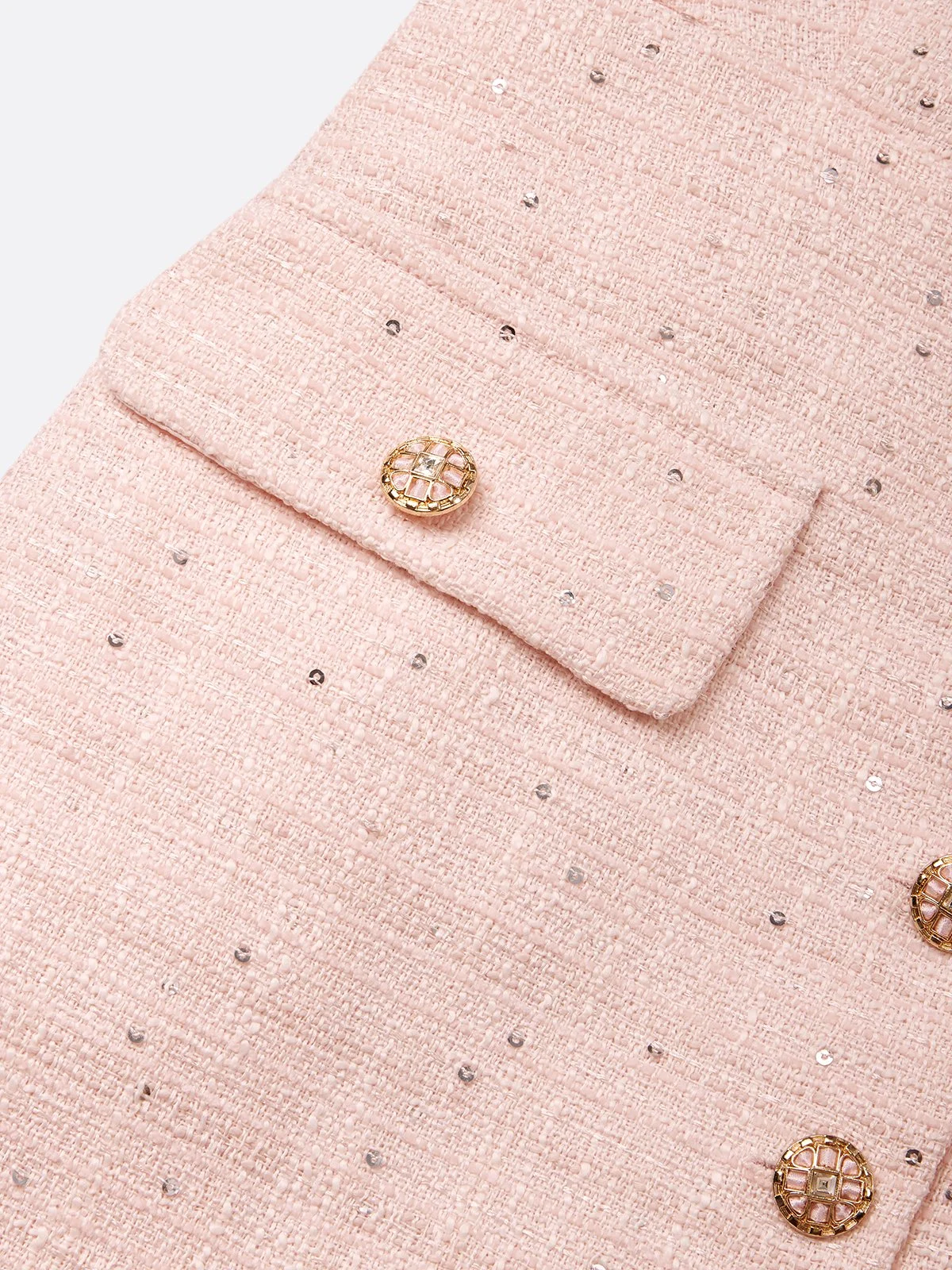 Pink Buckle Tweed V Neck Long Balloon Sleeve Sheath Midi Dress