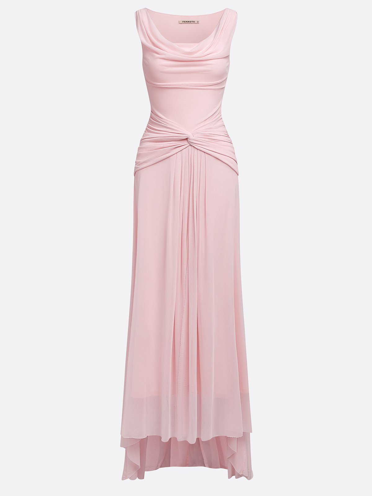 Pink Ruched Slit Formal Dress Cowl Neck Sleeveless A-Line Gown Dress
