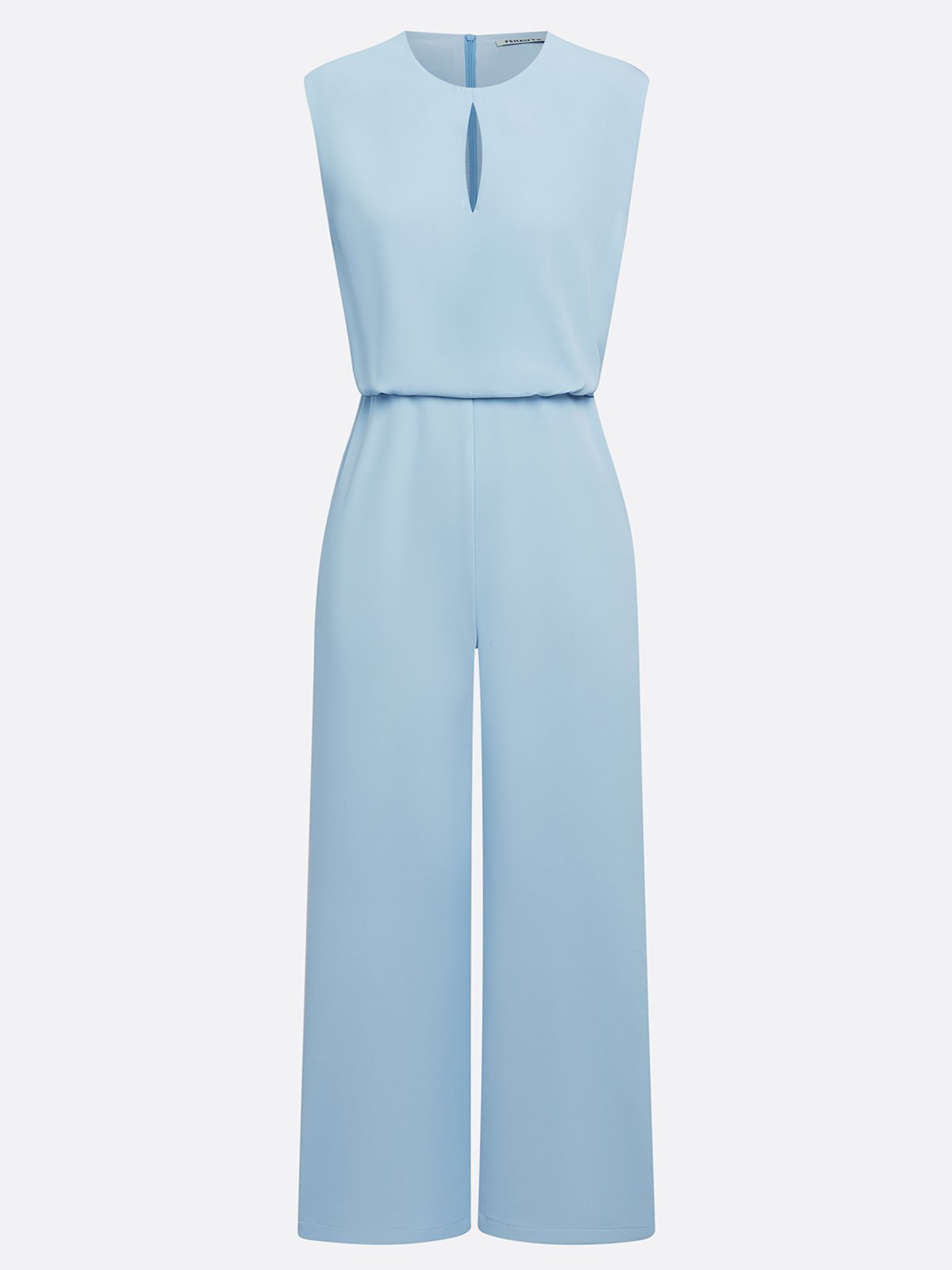 Women Light Blue Hollow Out Crew Neck Cap Sleeve Dressy Jumpsuit