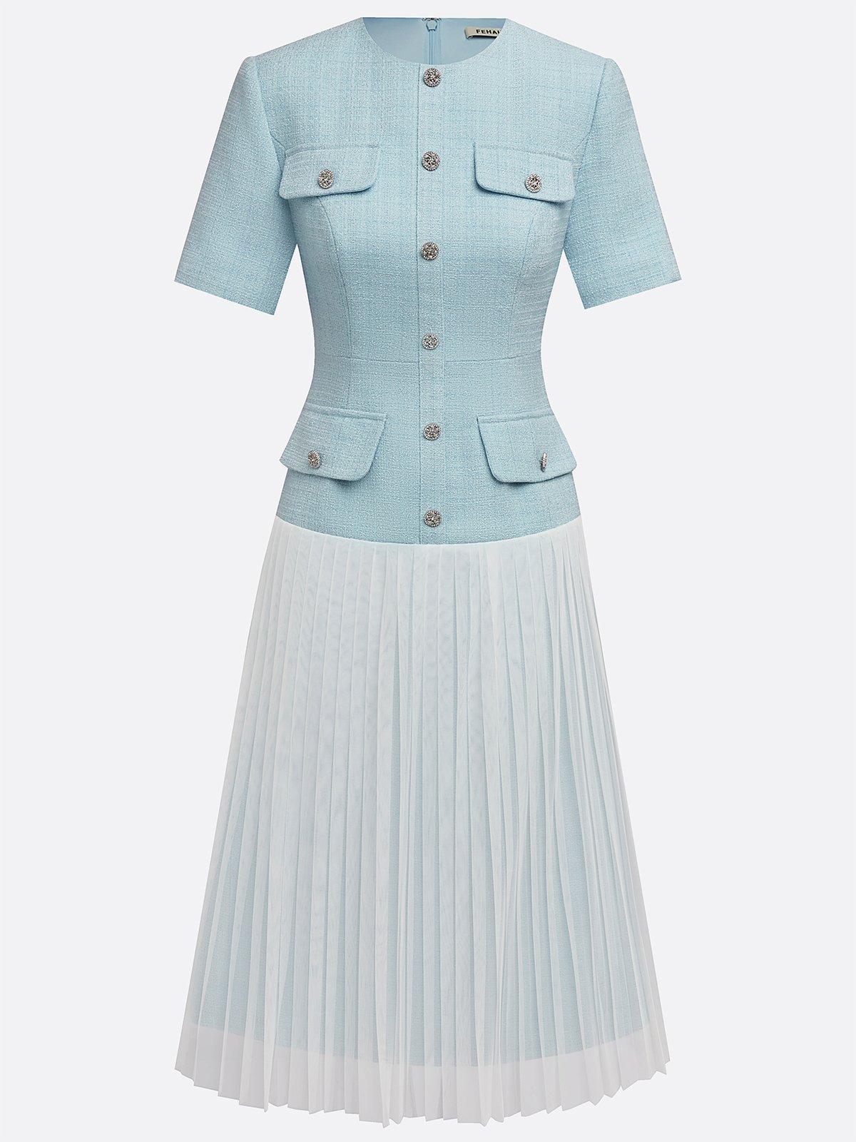 Light Blue Braided Strap Mesh Tweed Crew Neck Short Sleeve A-Line Midi Dress