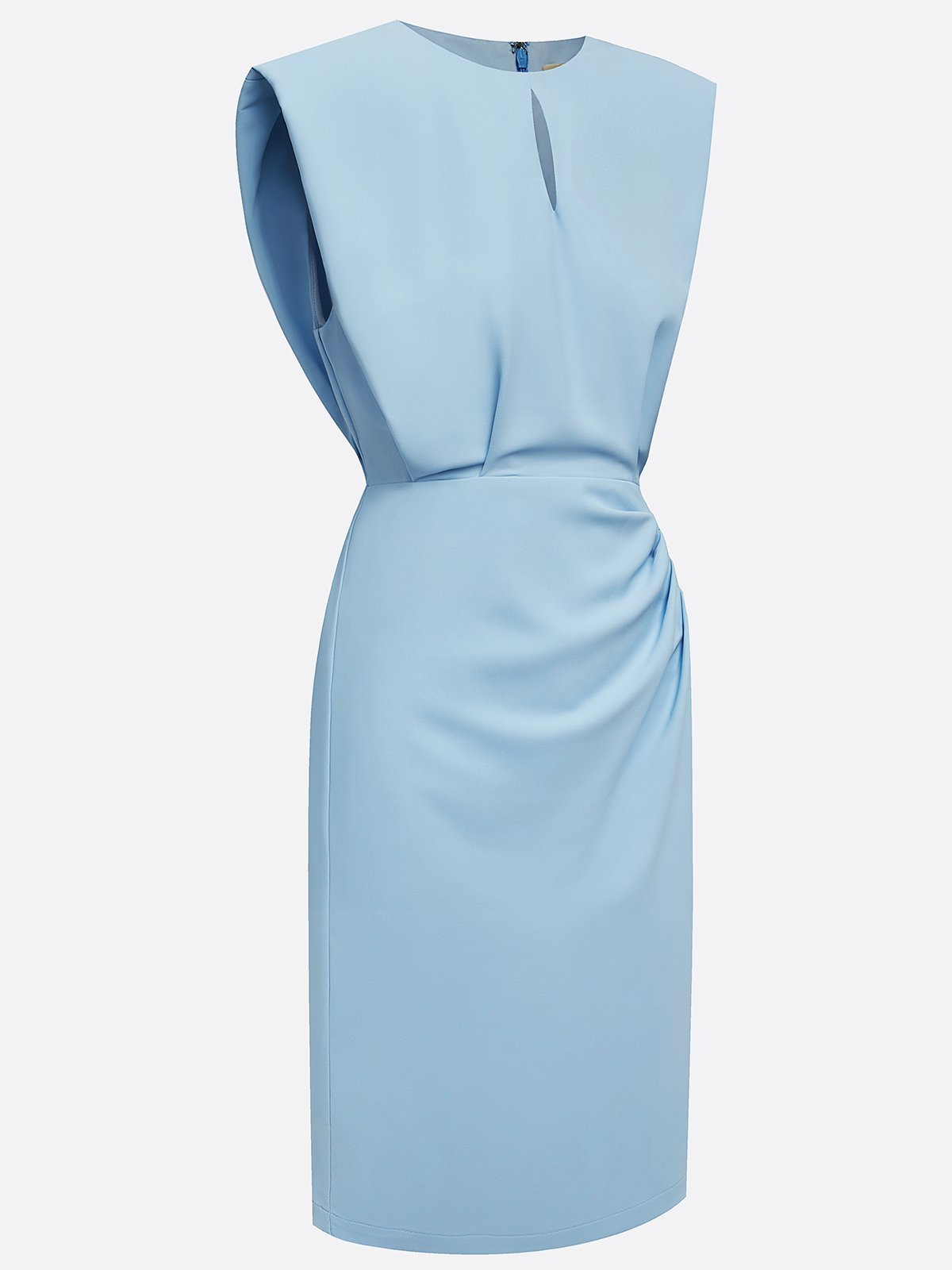 Light Blue Ruched Cut Out Classic Crew Neck Cap Sleeve Sheath Midi Dress