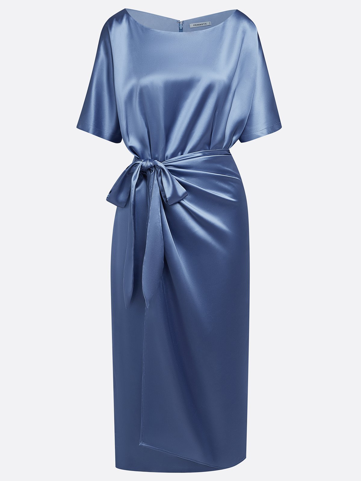 Blue Short Sleeve Satin A-Line Tie Waist Midi Dress