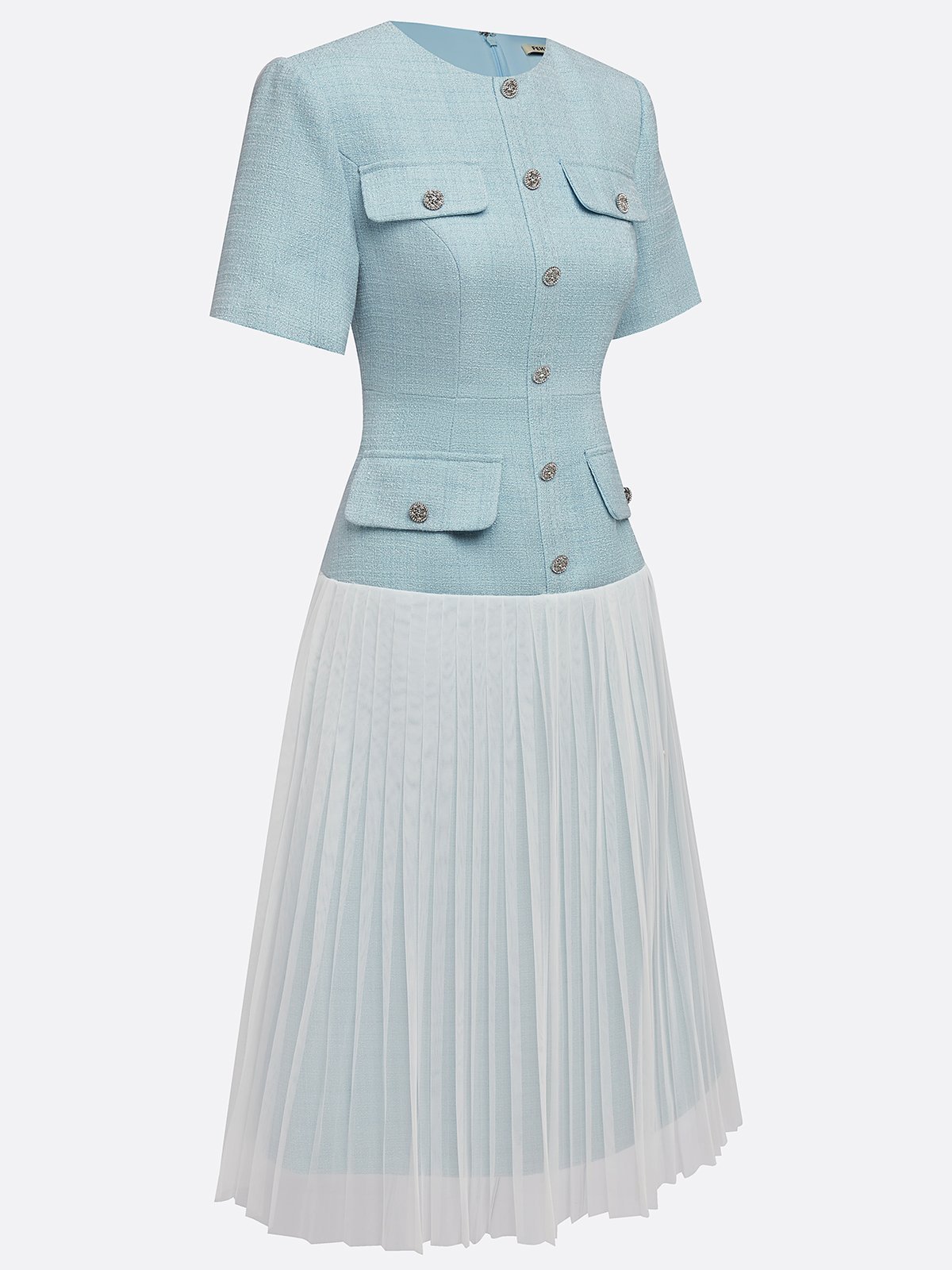 Light Blue Braided Strap Mesh Tweed Crew Neck Short Sleeve A-Line Midi Dress