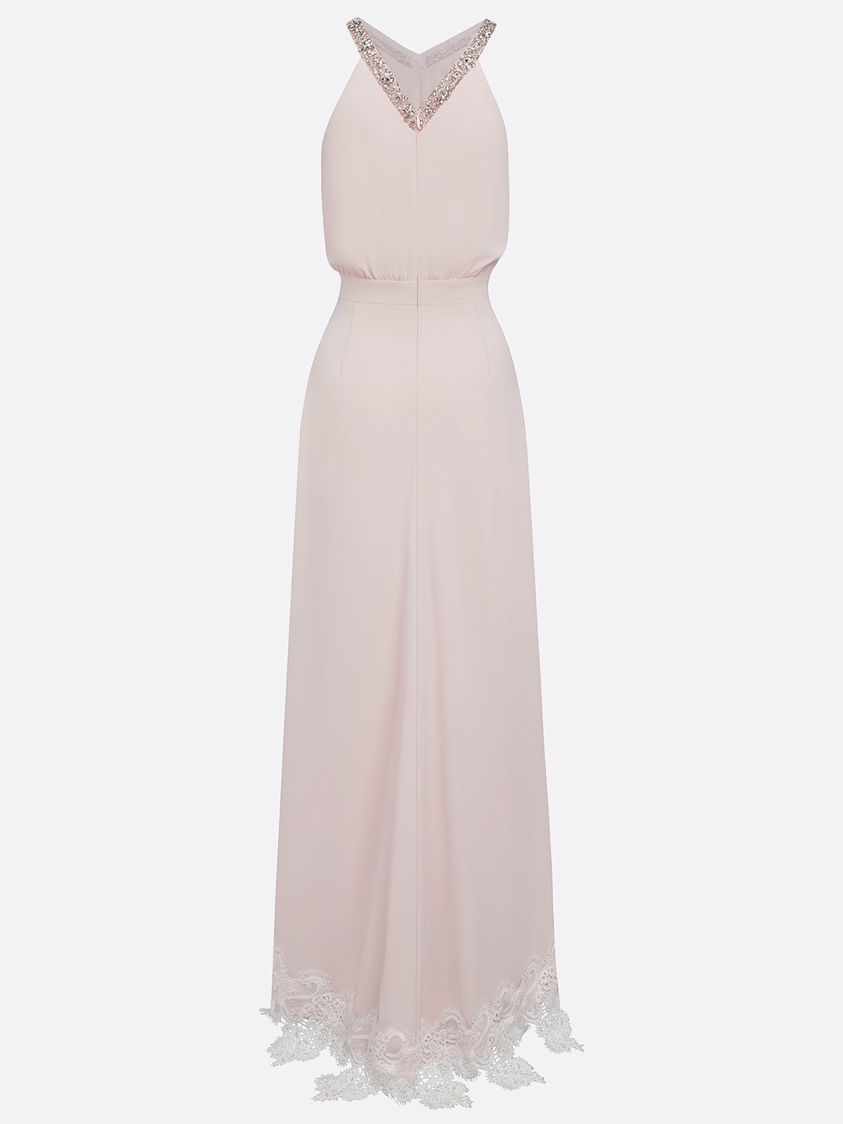 Pink Beaded Ruched Chiffon Halter Sleeveless A-Line Gown Dress