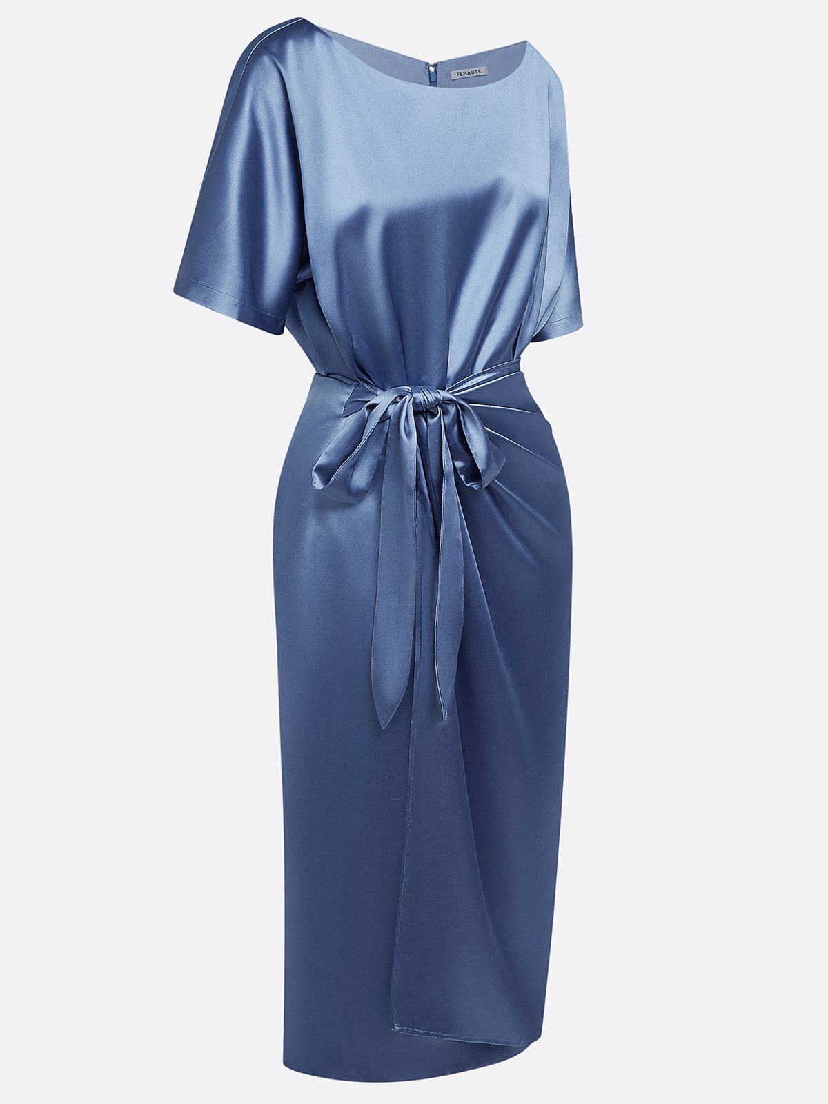 Blue Short Sleeve Satin A-Line Tie Waist Midi Dress