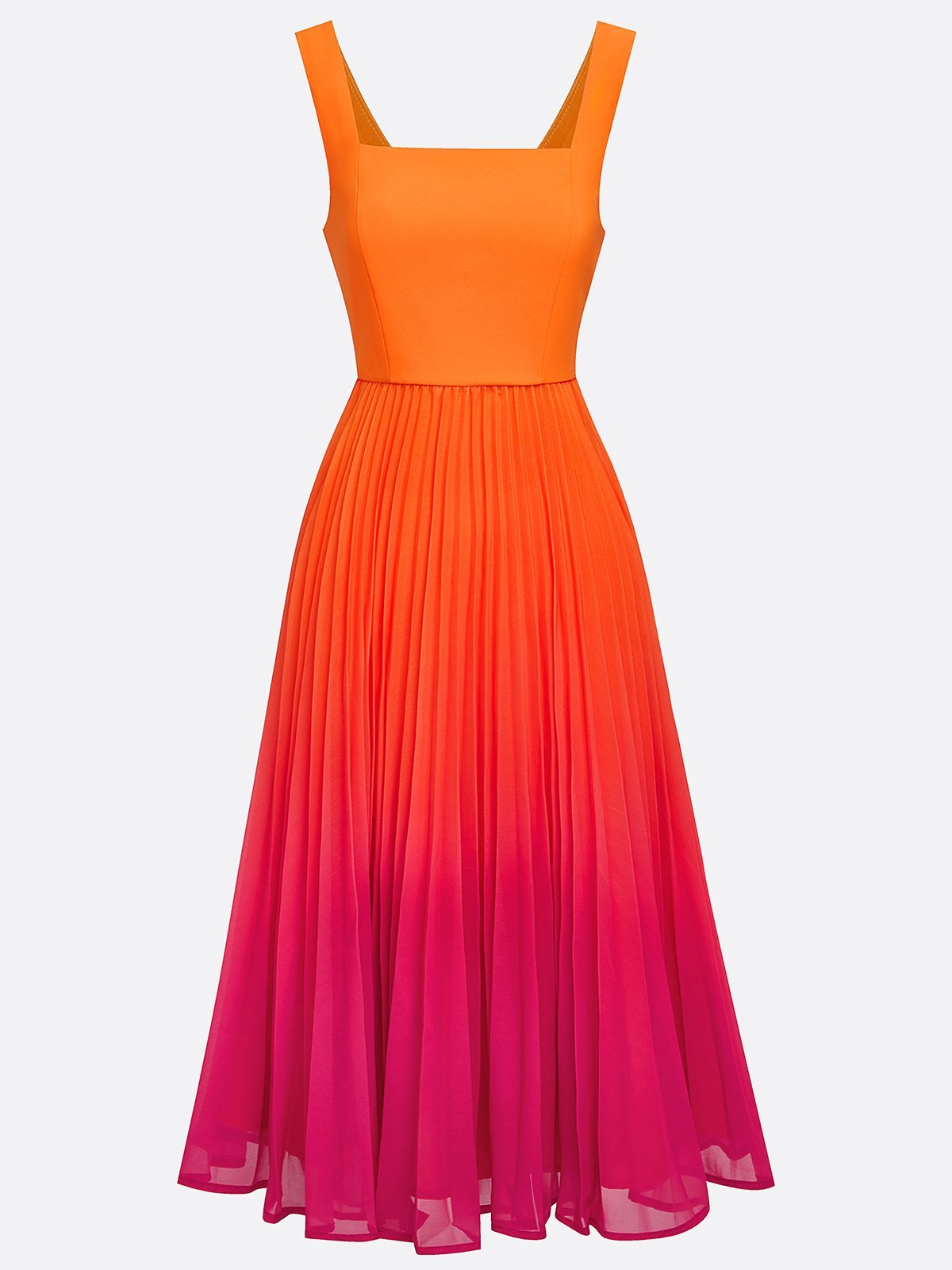 Orange Pleated Ombre Classic Square Neck Sleeveless A-Line Midi Dress