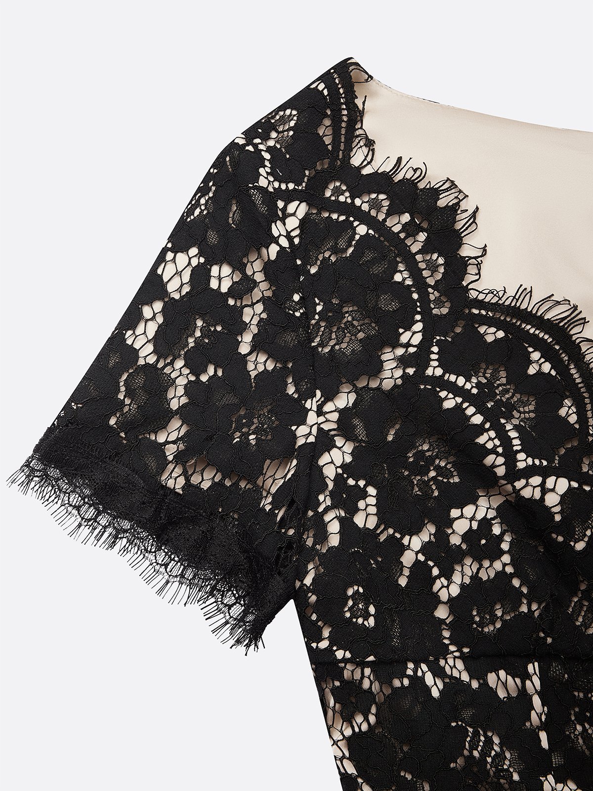 Black Lace Edge Lace V Neck Short Sleeve Mermaid Midi Dress