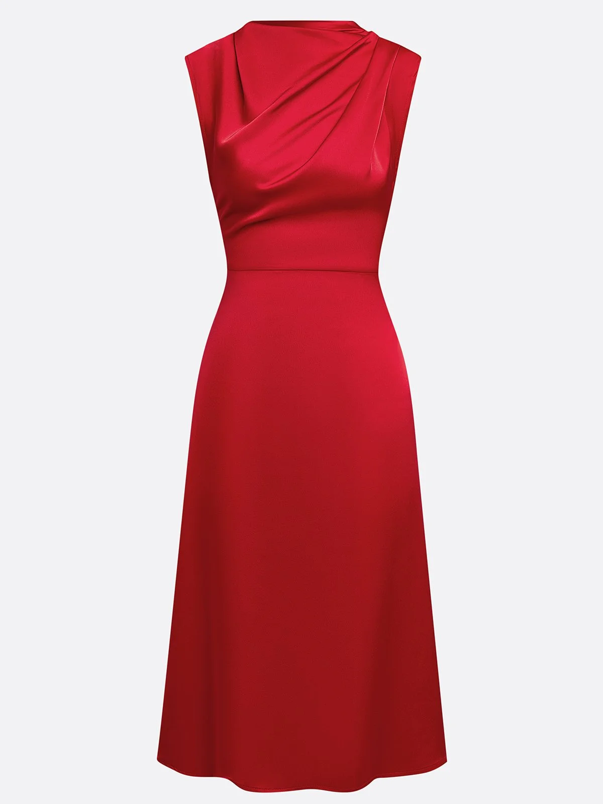 Red Satin Mock Neck Sleeveless A-Line Midi Dress