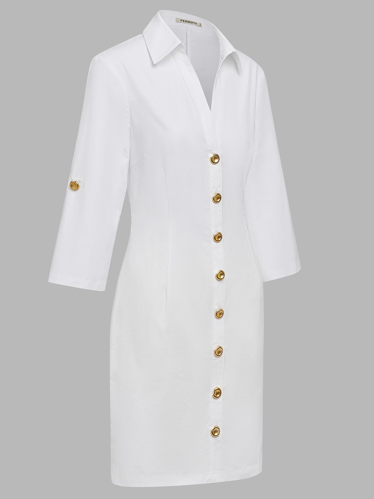 White Buckle Cotton Shirt Collar Short Sleeve Sheath Midi  Dress