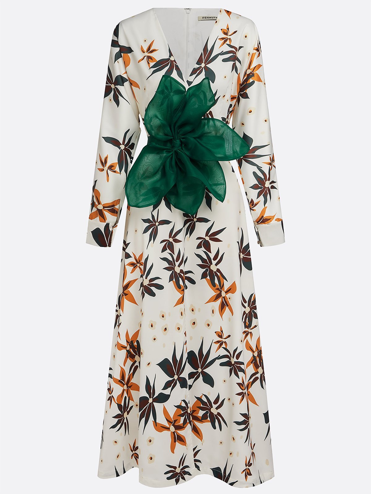 White Floral V Neck Long Sleeve A-Line Maxi Dress