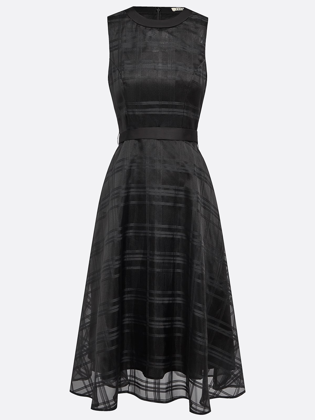 Black Organza Mesh Plaid Classic Crew Neck Sleeveless A-Line Midi Dress