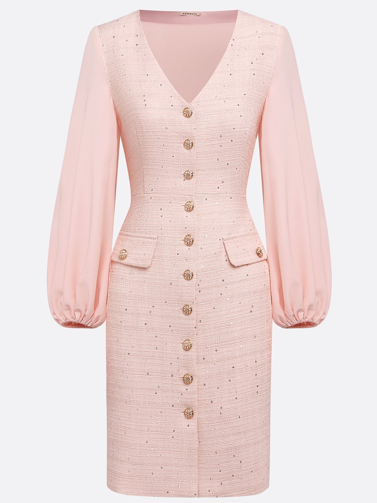 Pink Buckle Tweed V Neck Long Balloon Sleeve Sheath Midi Dress
