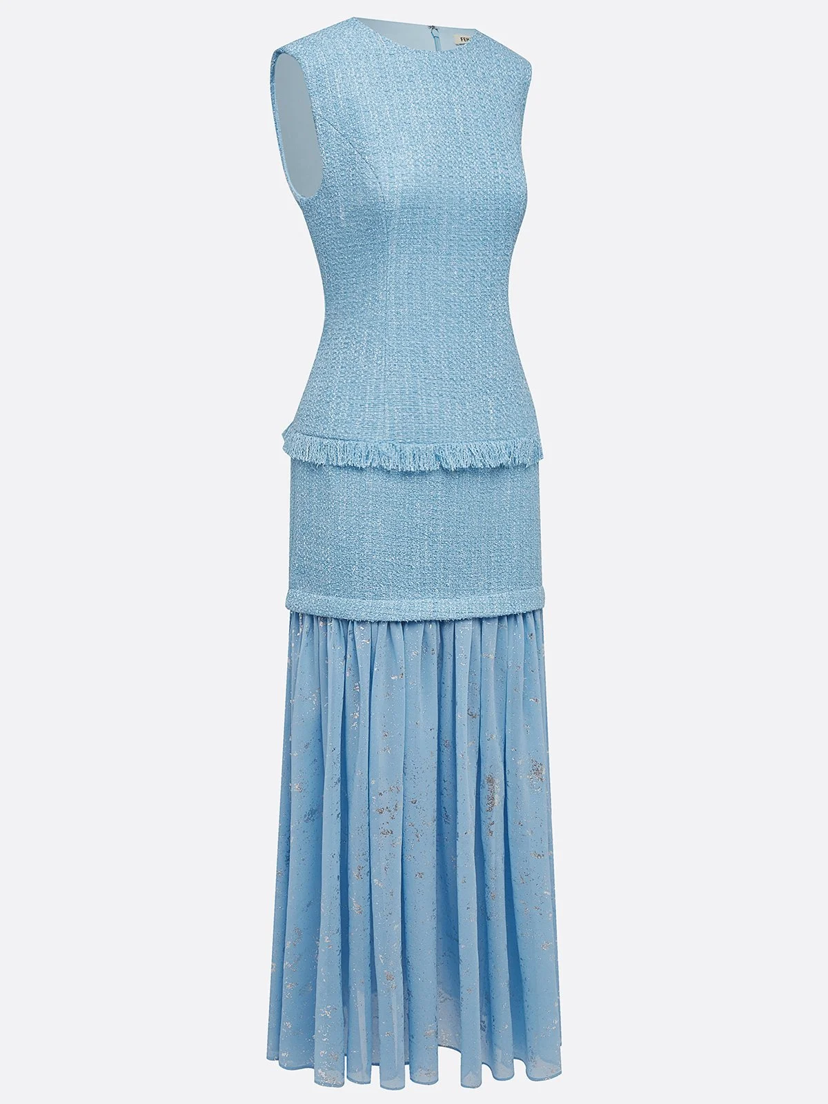 Blue Rhinestone Tassel Tweed Crew Neck Sleeveless A-Line Maxi Dress