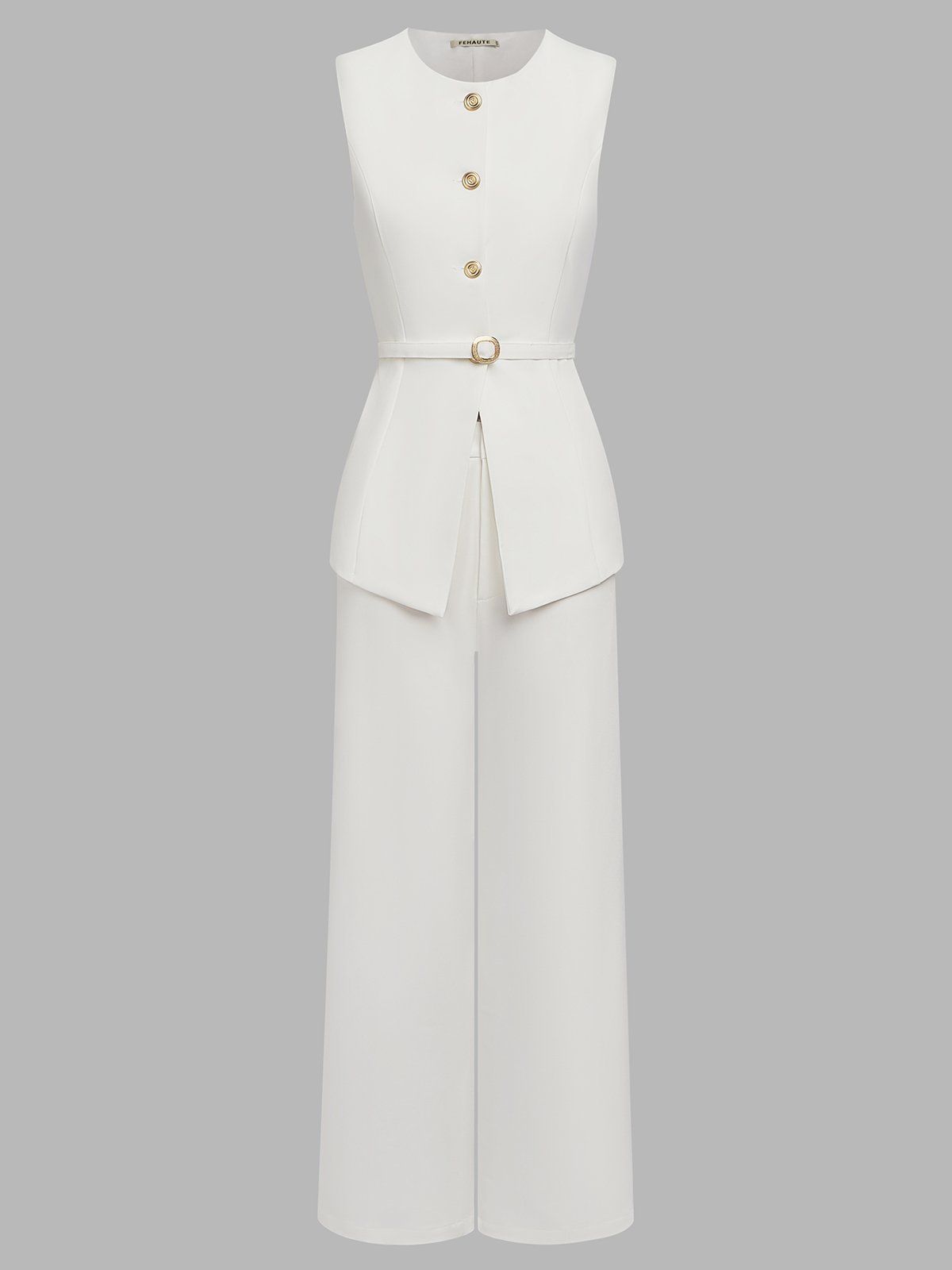 Women White Buckle Crew Neck Sleeveless Top With Pants Two-Piece Set