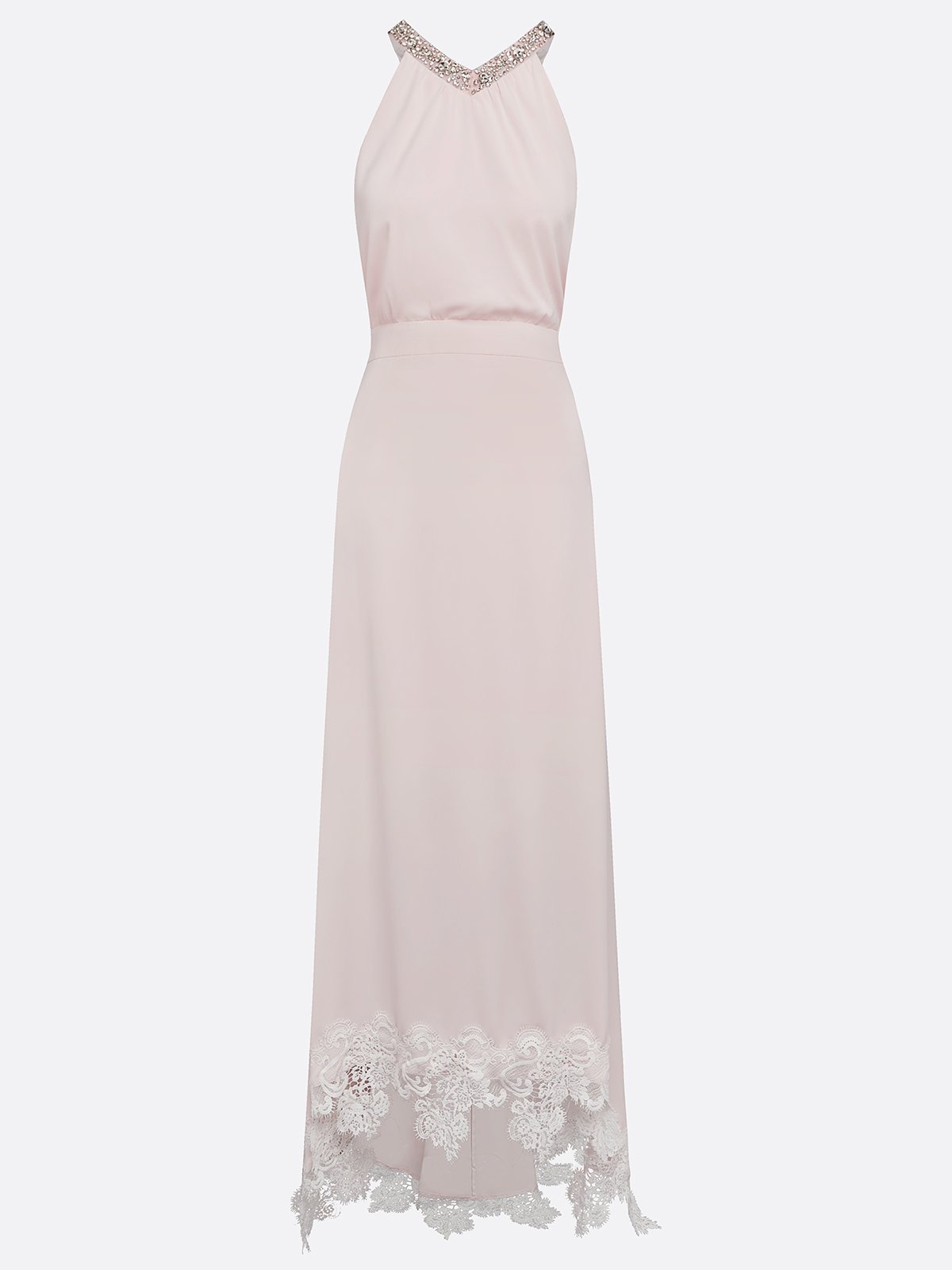 Pink Beaded Ruched Chiffon Halter Sleeveless A-Line Gown Dress