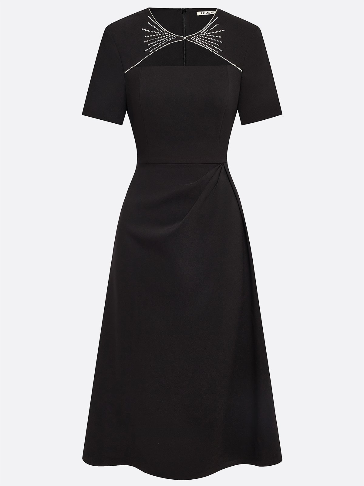 Black Ruched Hotfix Embellished Classic Crew Neck Short Sleeve A-Line Midi Dress