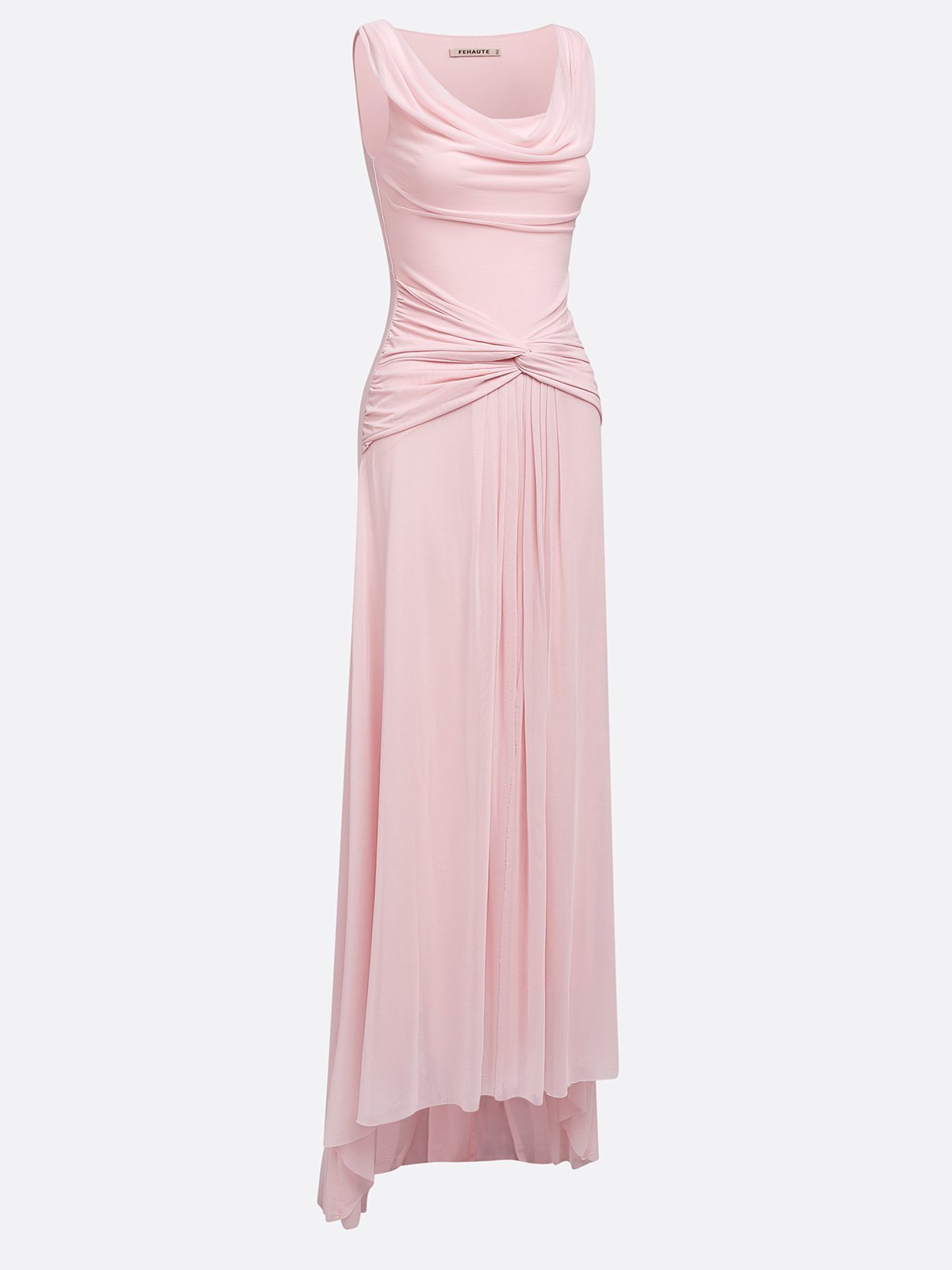 Pink Ruched Slit Formal Dress Cowl Neck Sleeveless A-Line Gown Dress