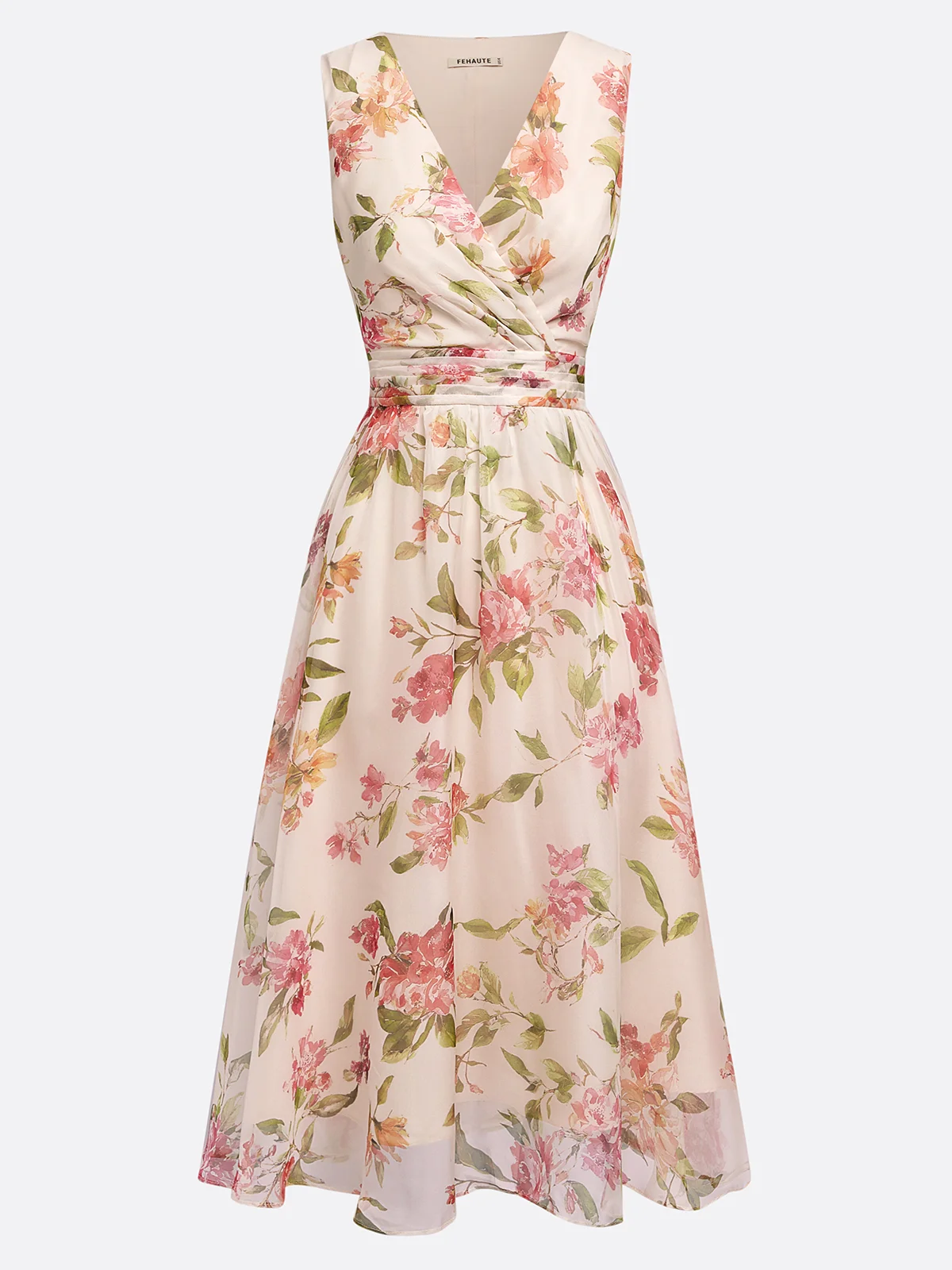 Beige Ruched Floral Chiffon V Neck Sleeveless A-Line Midi Dress
