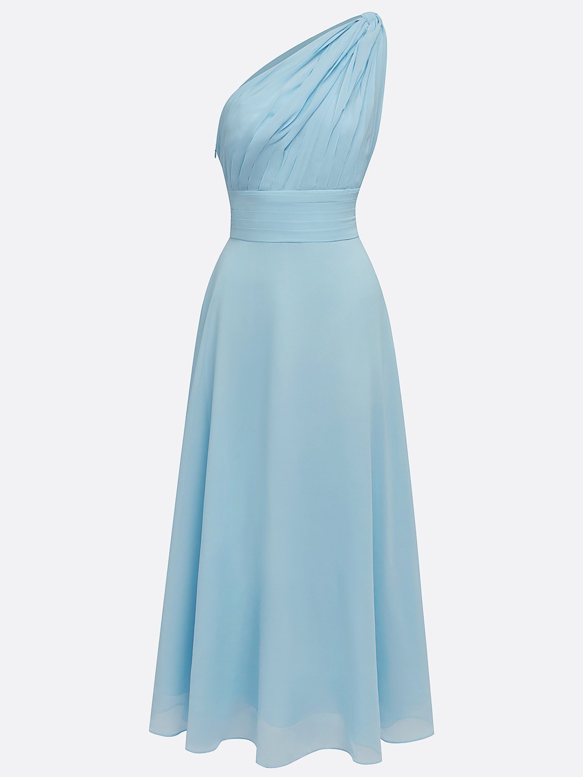 Light Blue Ruched Chiffon One Shoulder Sleeveless A-Line Maxi Dress
