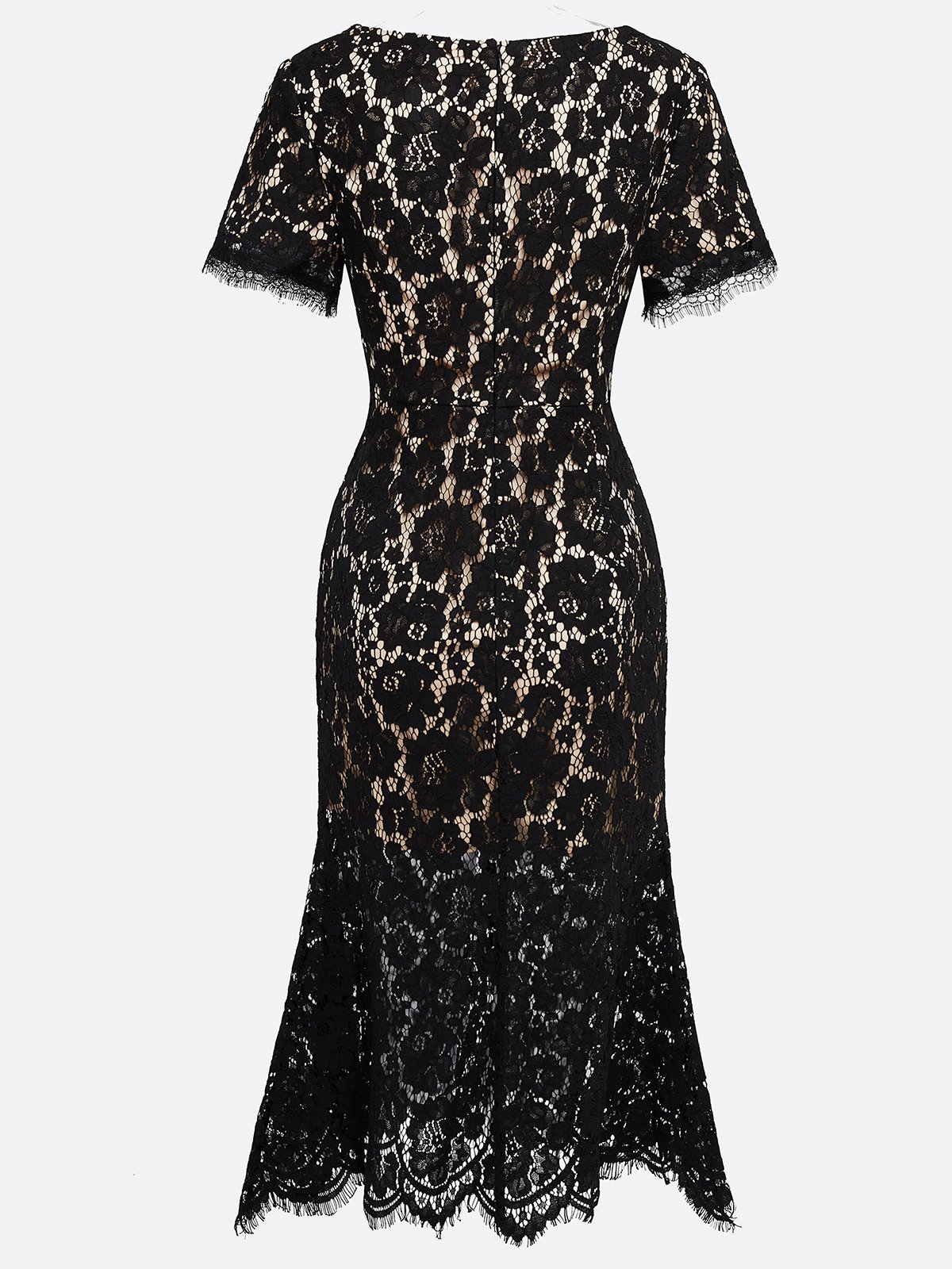 Black Lace Edge Lace V Neck Short Sleeve Mermaid Midi Dress