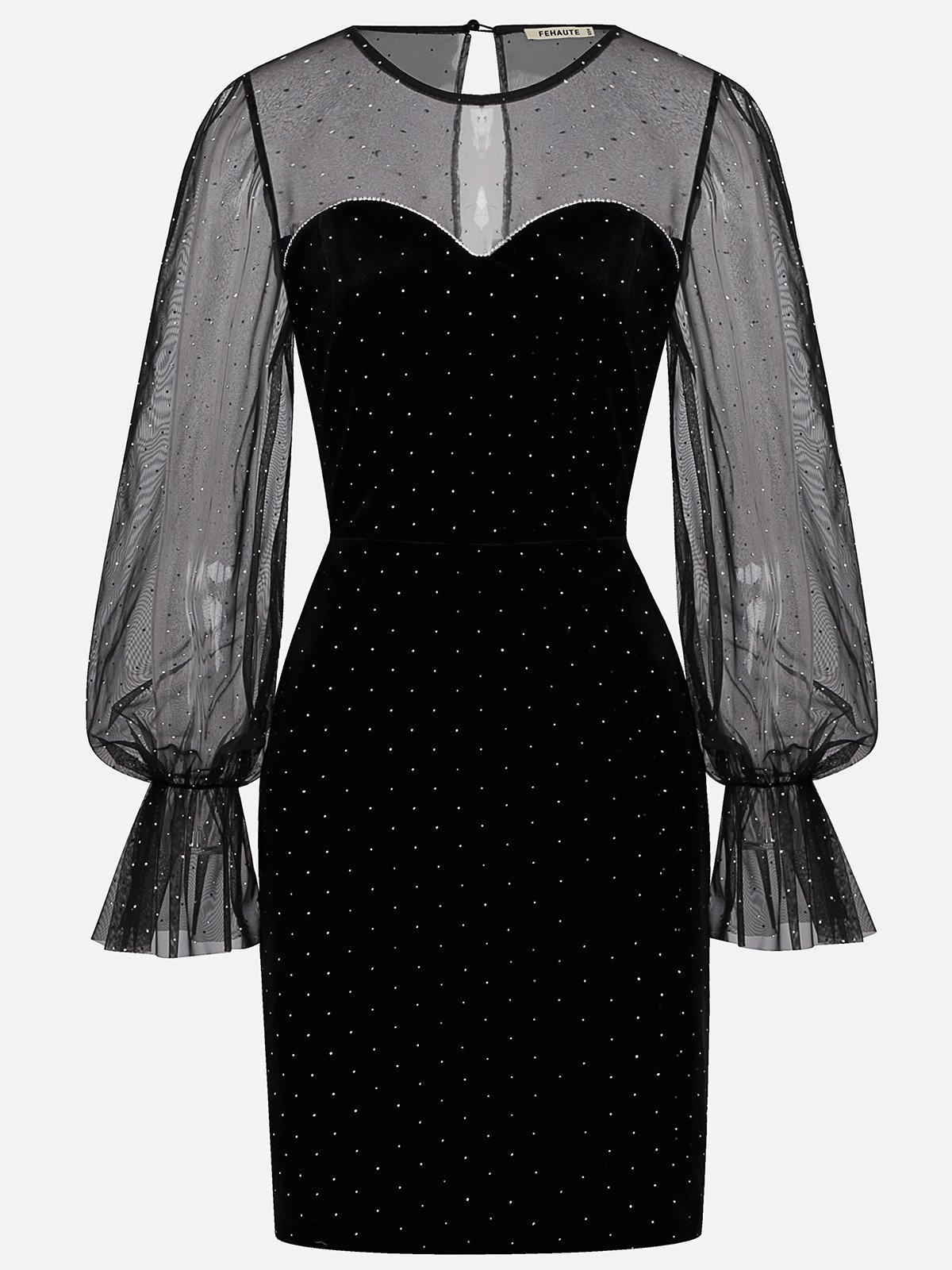 Black Hotfix Embellished Mesh Velvet Crew Neck Long Sleeve Bell Sleeve Sheath Mini Dress