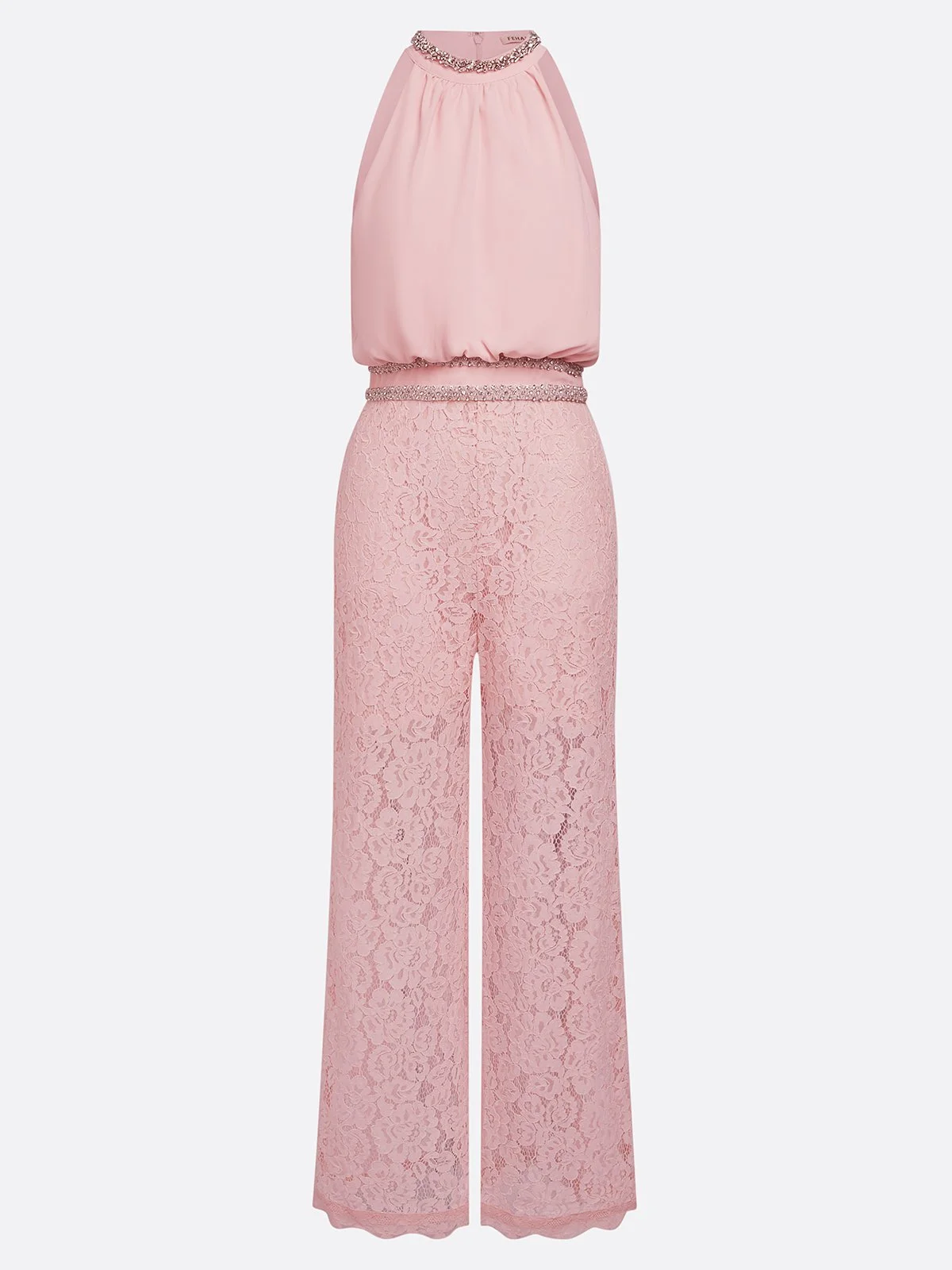 Women Pink Lace Rhinestone Mock Neck Sleeveless Dressy Jumpsuit