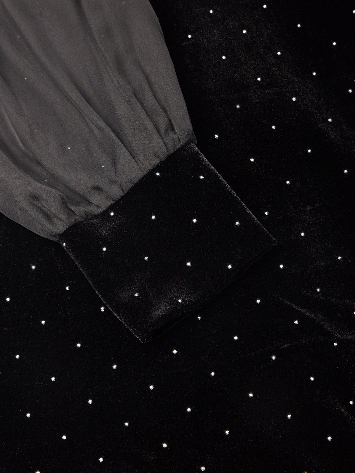 Black Hot Drilling Mesh Velvet Crew Neck Long Sleeve Balloon Sleeve A-Line Midi Dress