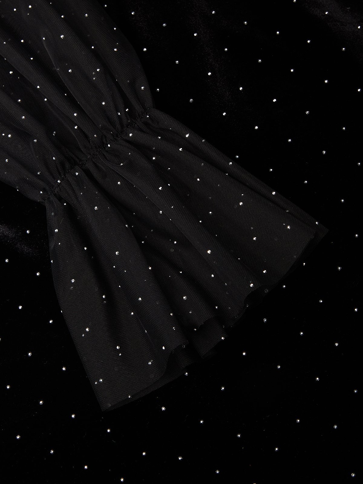 Black Hotfix Embellished Mesh Velvet Crew Neck Long Sleeve Bell Sleeve Sheath Mini Dress