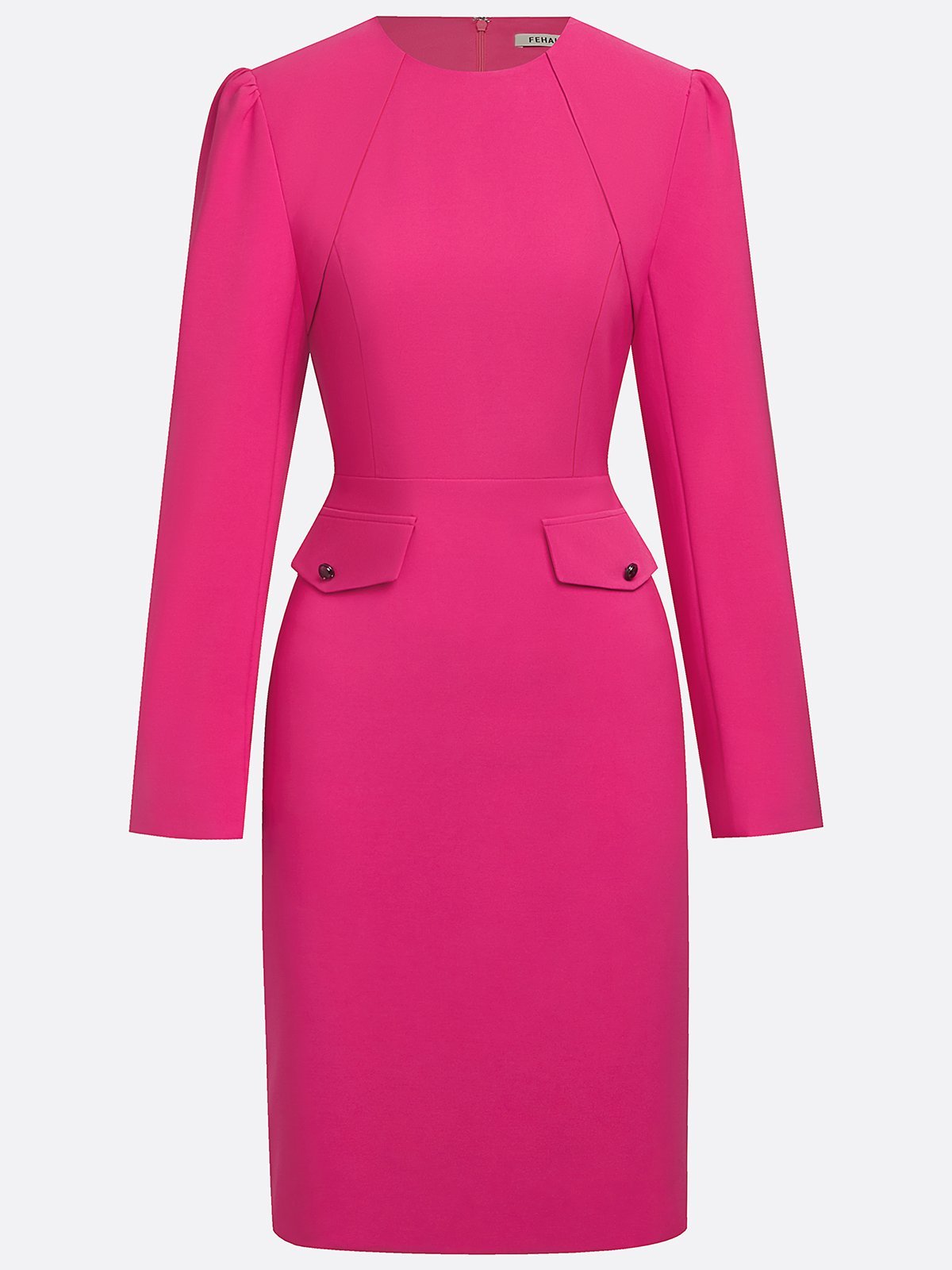 Rose Red Buckle Classic Crew Neck Long Sleeve Sheath Mini Dress