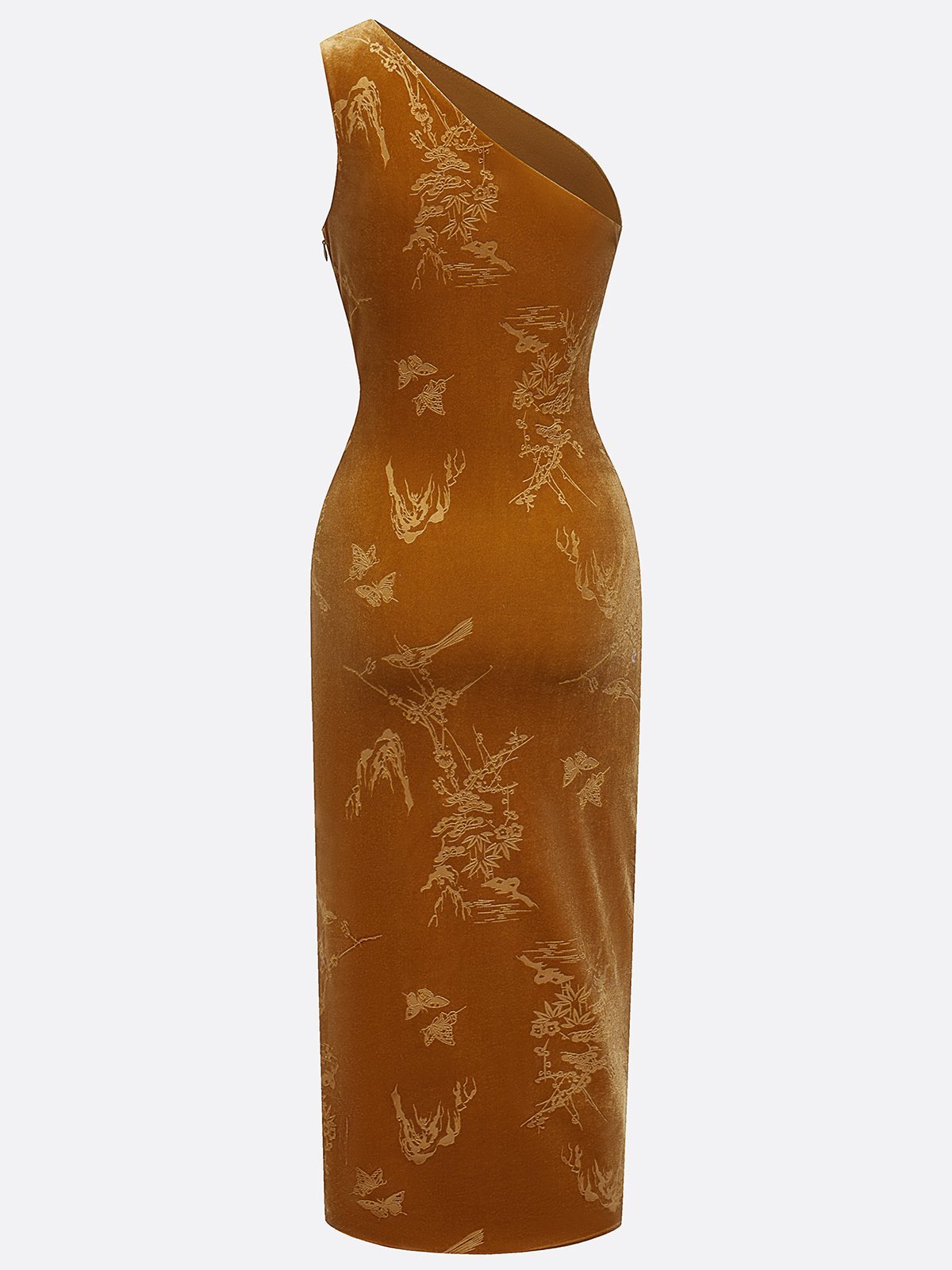 Golden Jacquard Velvet One Shoulder Sleeveless Sheath Midi Dress