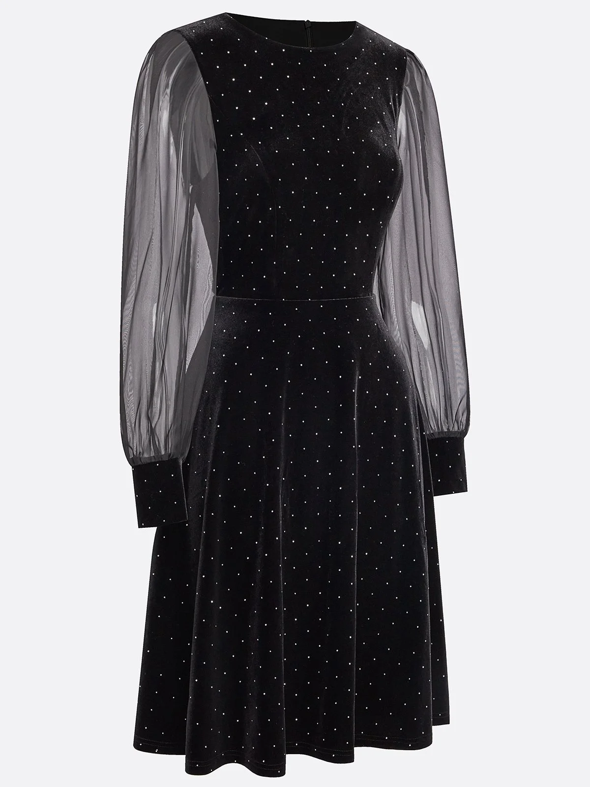 Black Hot Drilling Mesh Velvet Crew Neck Long Sleeve Balloon Sleeve A-Line Midi Dress