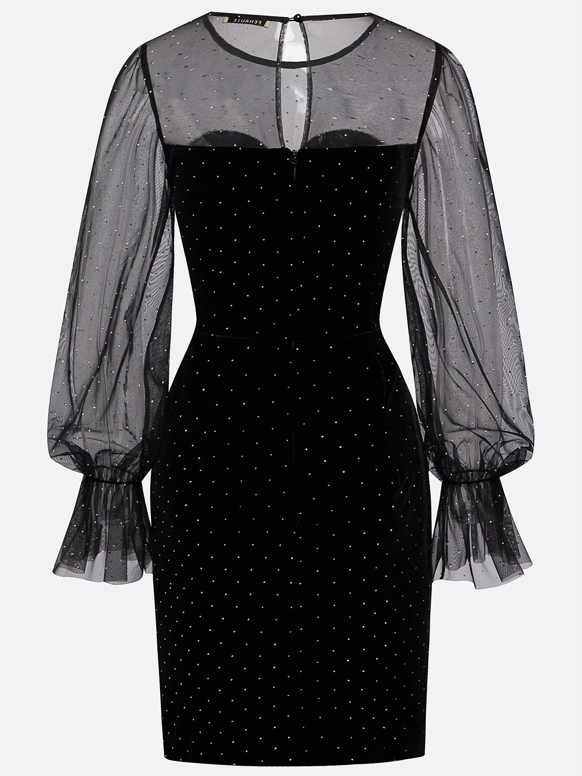 Black Hotfix Embellished Mesh Velvet Crew Neck Long Sleeve Bell Sleeve Sheath Mini Dress