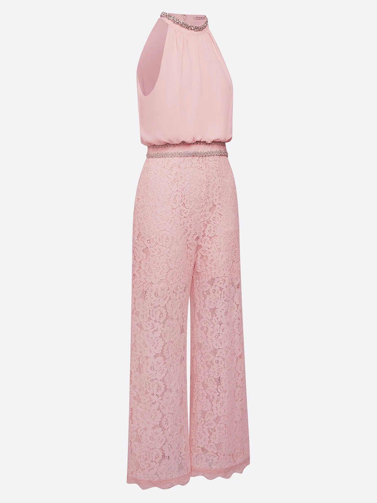 Women Pink Lace Rhinestone Mock Neck Sleeveless Dressy Jumpsuit