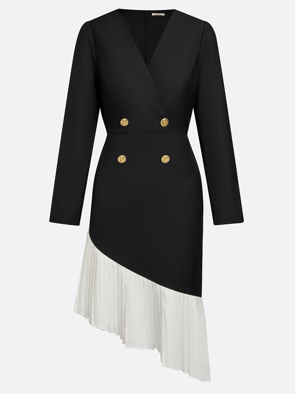 Black Irregular Craftsmanship Pleated Blazer V Neck Long Sleeve Sheath Midi Dress