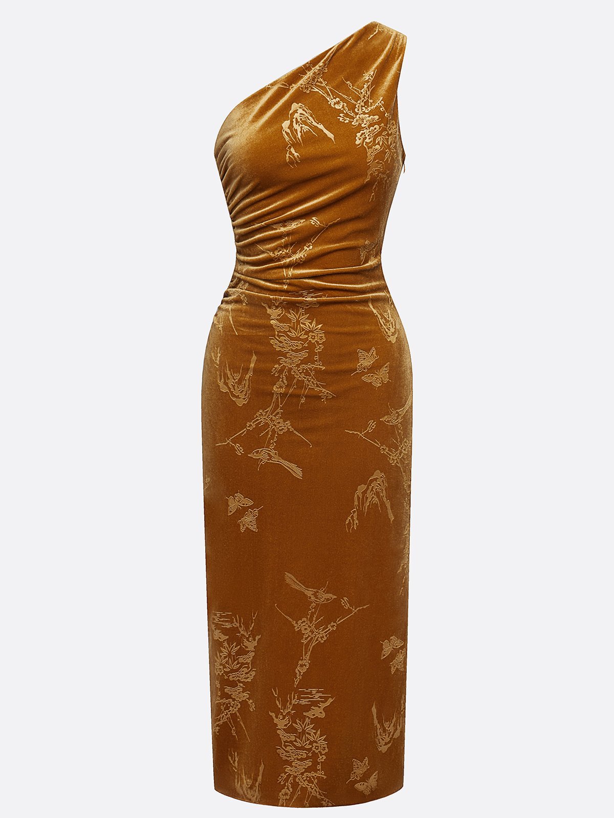 Golden Jacquard Velvet One Shoulder Sleeveless Sheath Midi Dress