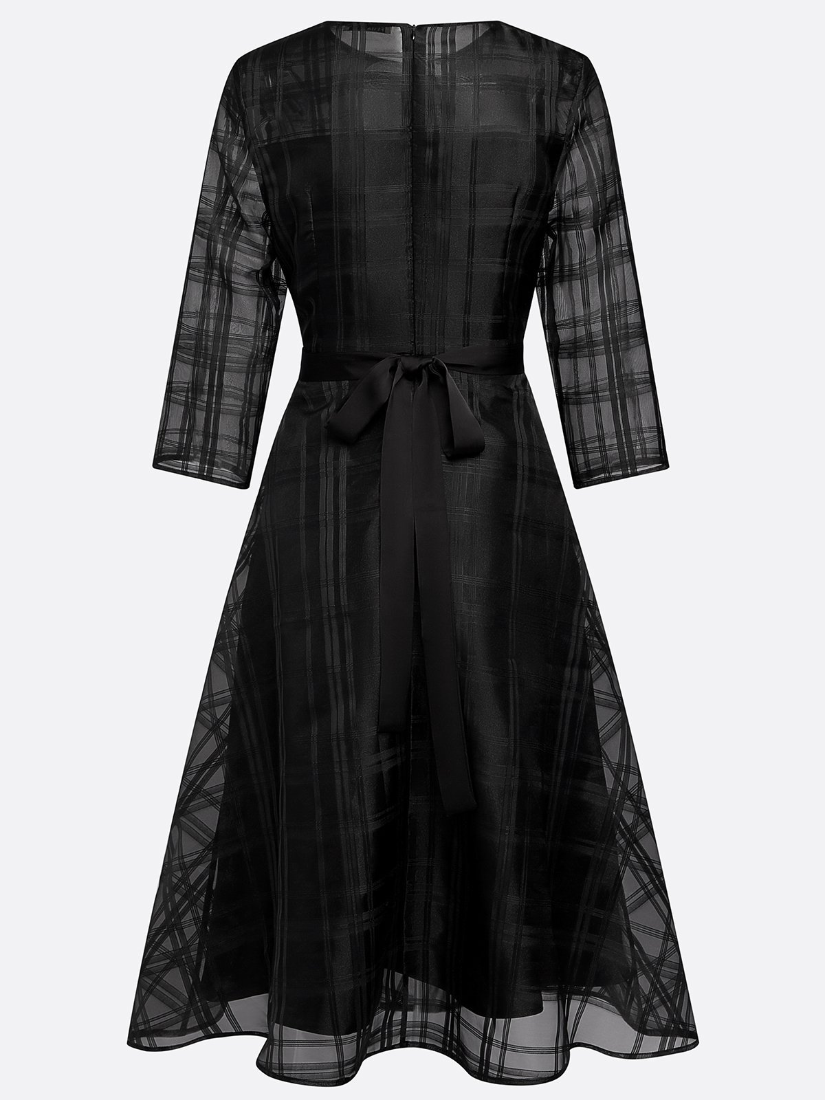 Black Plaid Organza Classic Crew Neck Three Quarter Sleeve A-Line Midi Dress