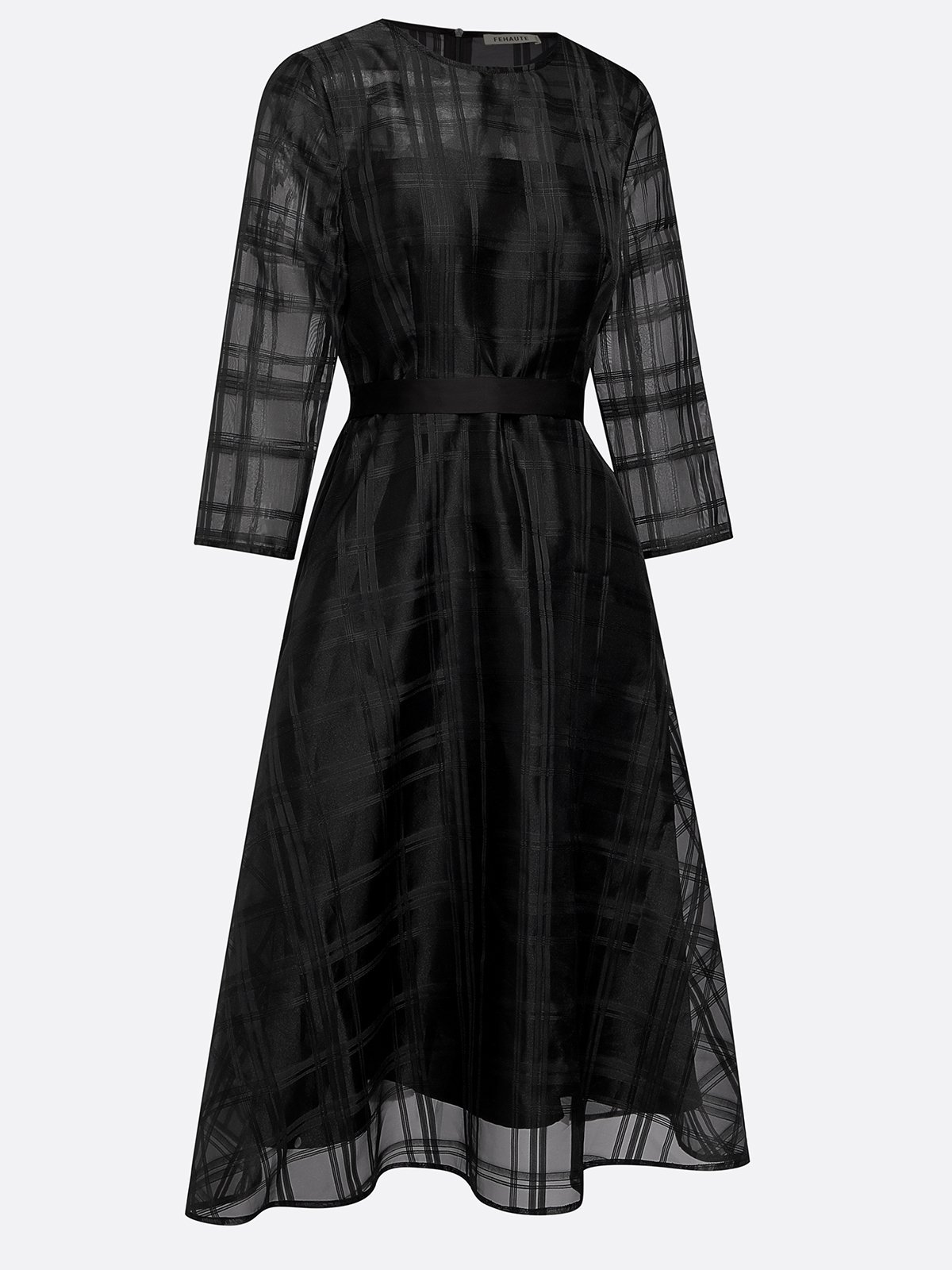 Black Plaid Organza Classic Crew Neck Three Quarter Sleeve A-Line Midi Dress