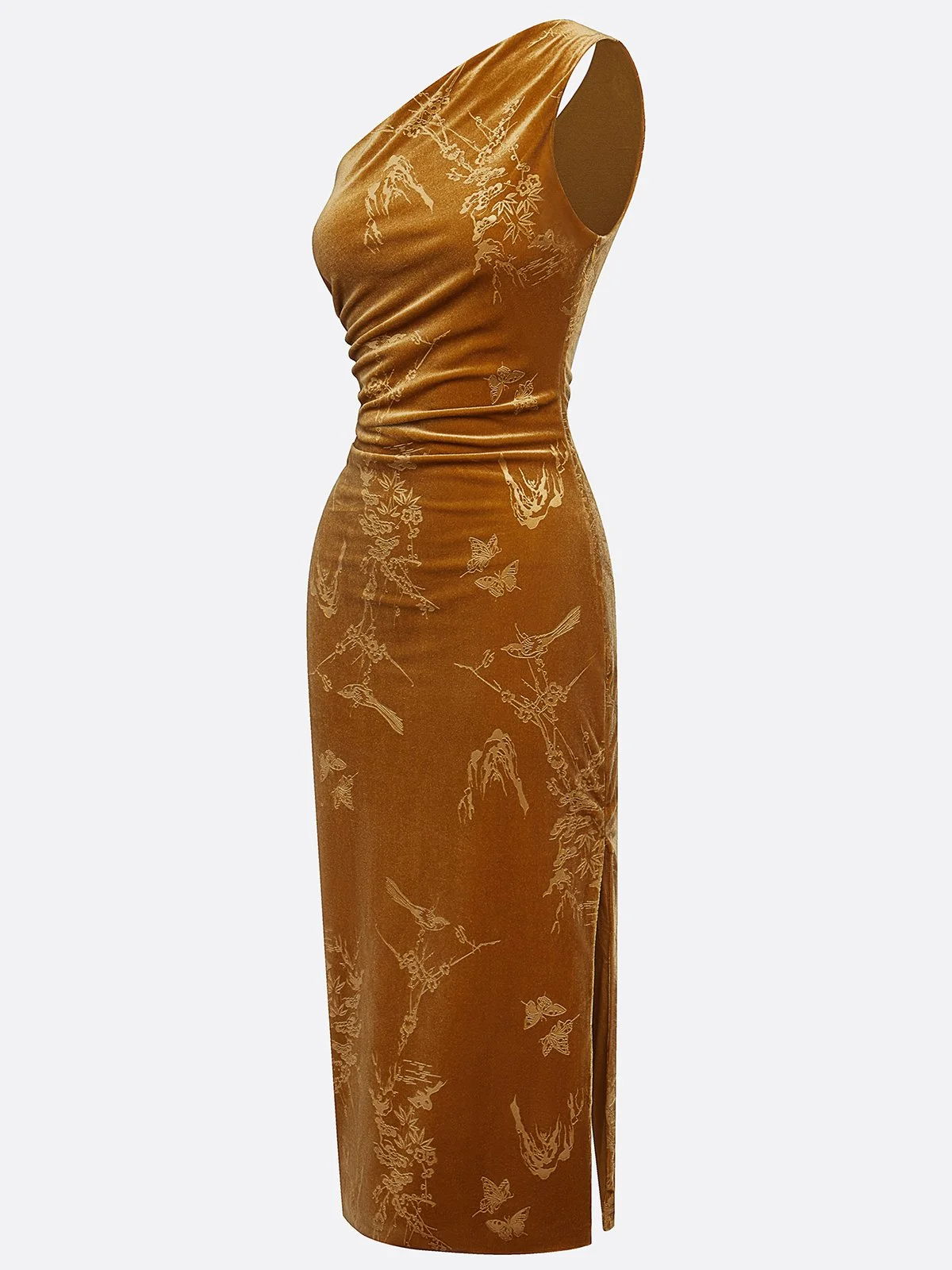 Golden Jacquard Velvet One Shoulder Sleeveless Sheath Midi Dress