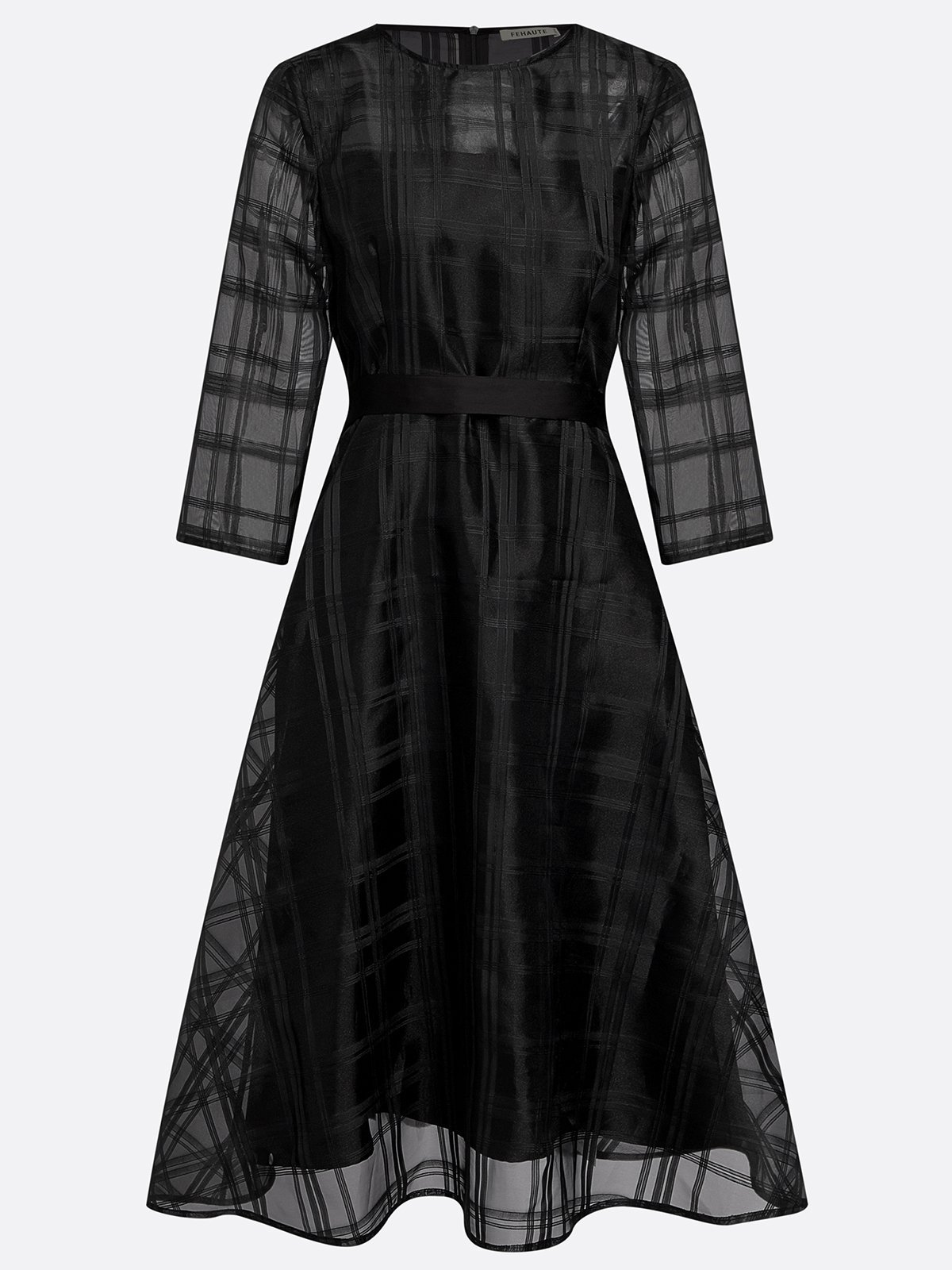 Black Plaid Organza Classic Crew Neck Three Quarter Sleeve A-Line Midi Dress