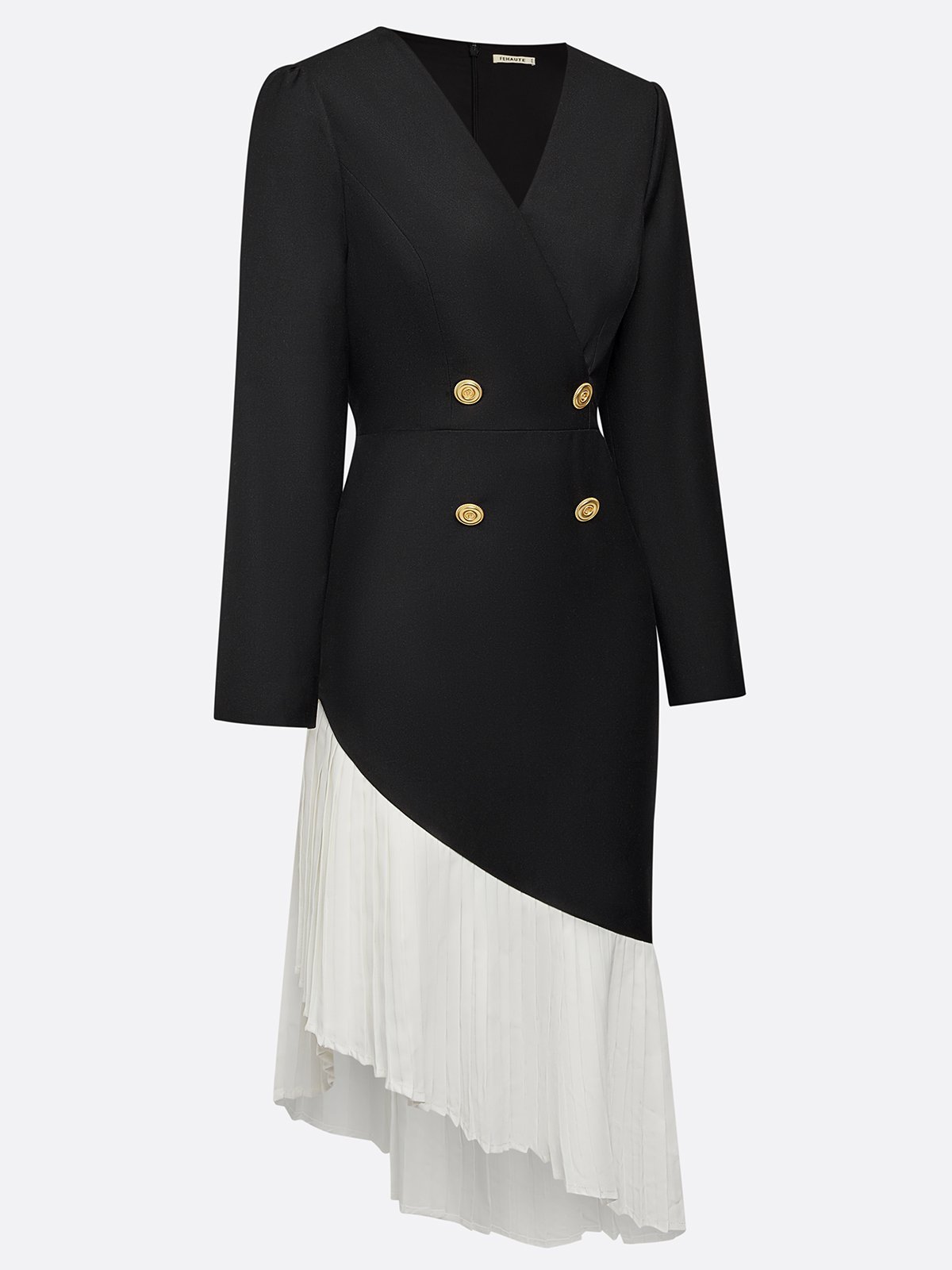 Black Irregular Craftsmanship Pleated Blazer V Neck Long Sleeve Sheath Midi Dress