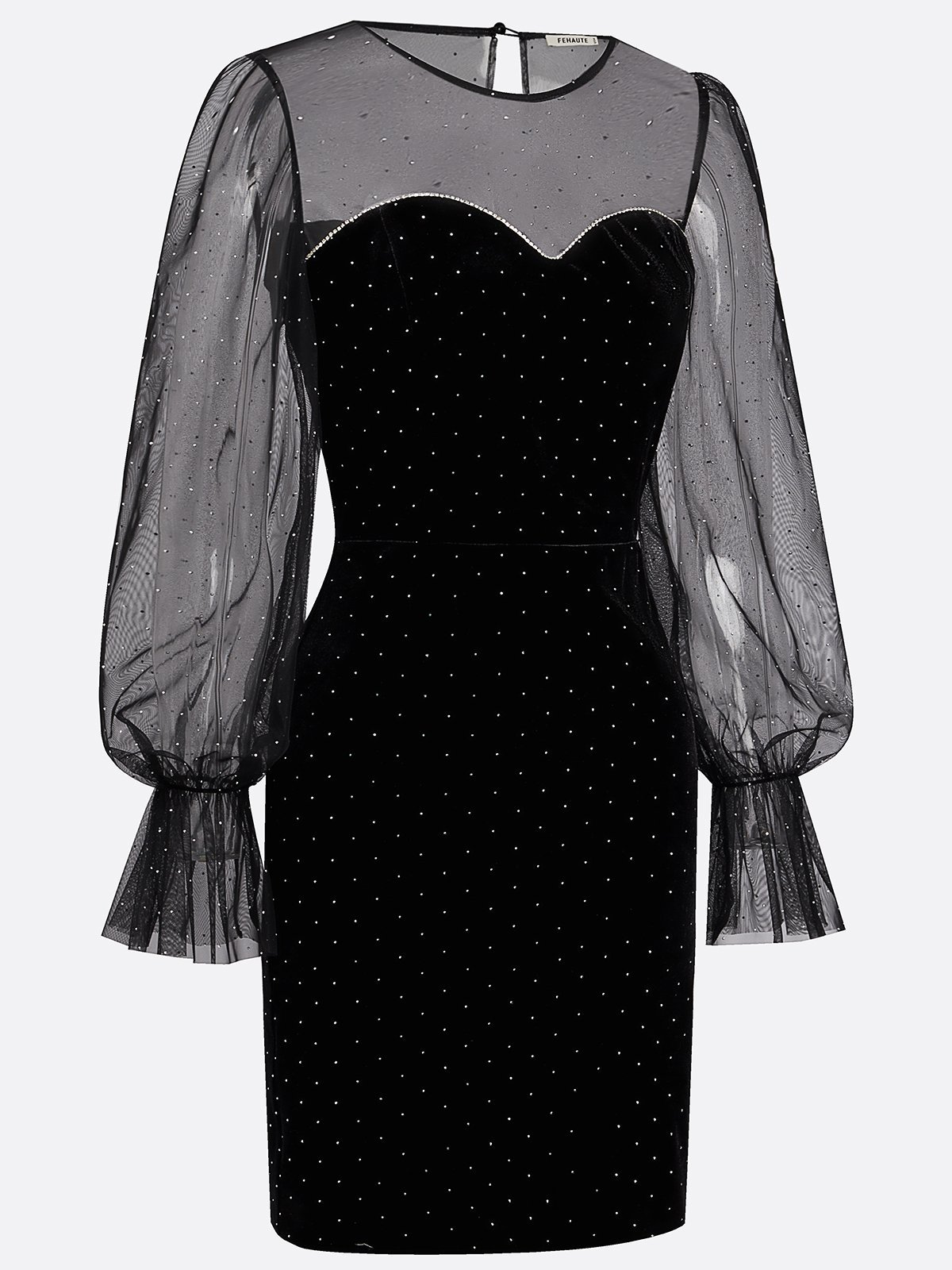Black Hotfix Embellished Mesh Velvet Crew Neck Long Sleeve Bell Sleeve Sheath Mini Dress