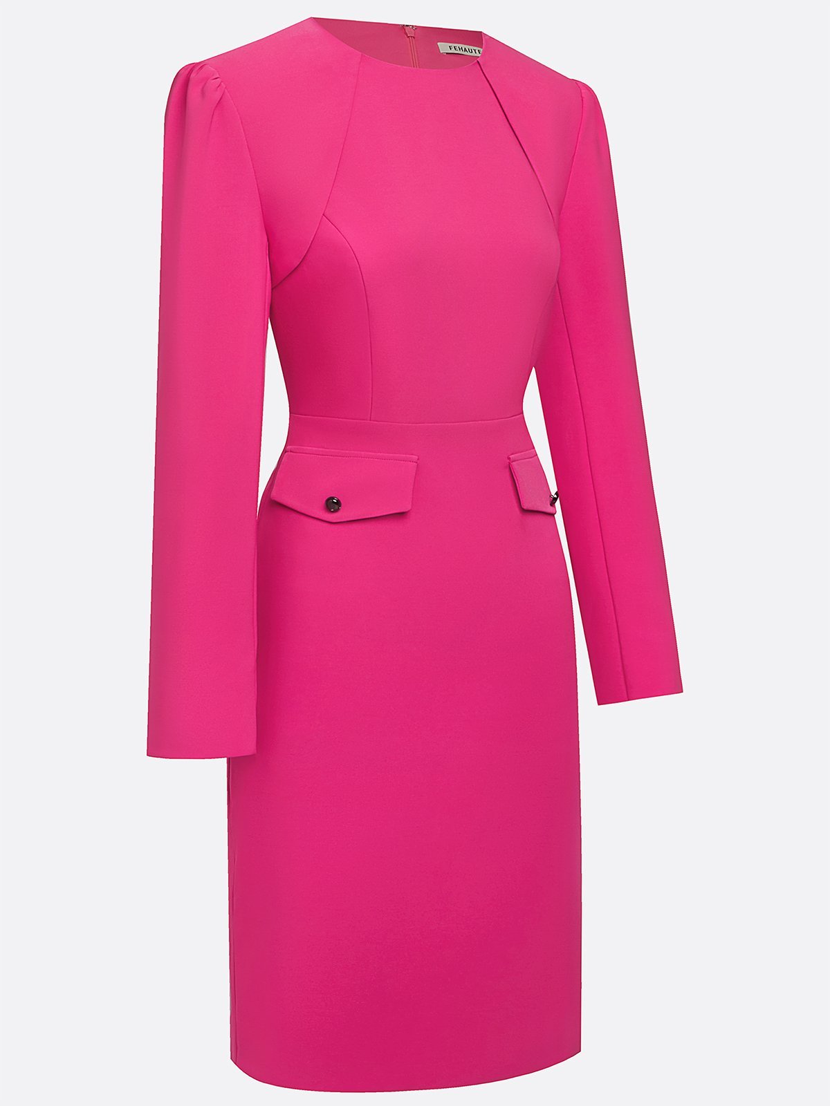 Rose Red Buckle Classic Crew Neck Long Sleeve Sheath Mini Dress