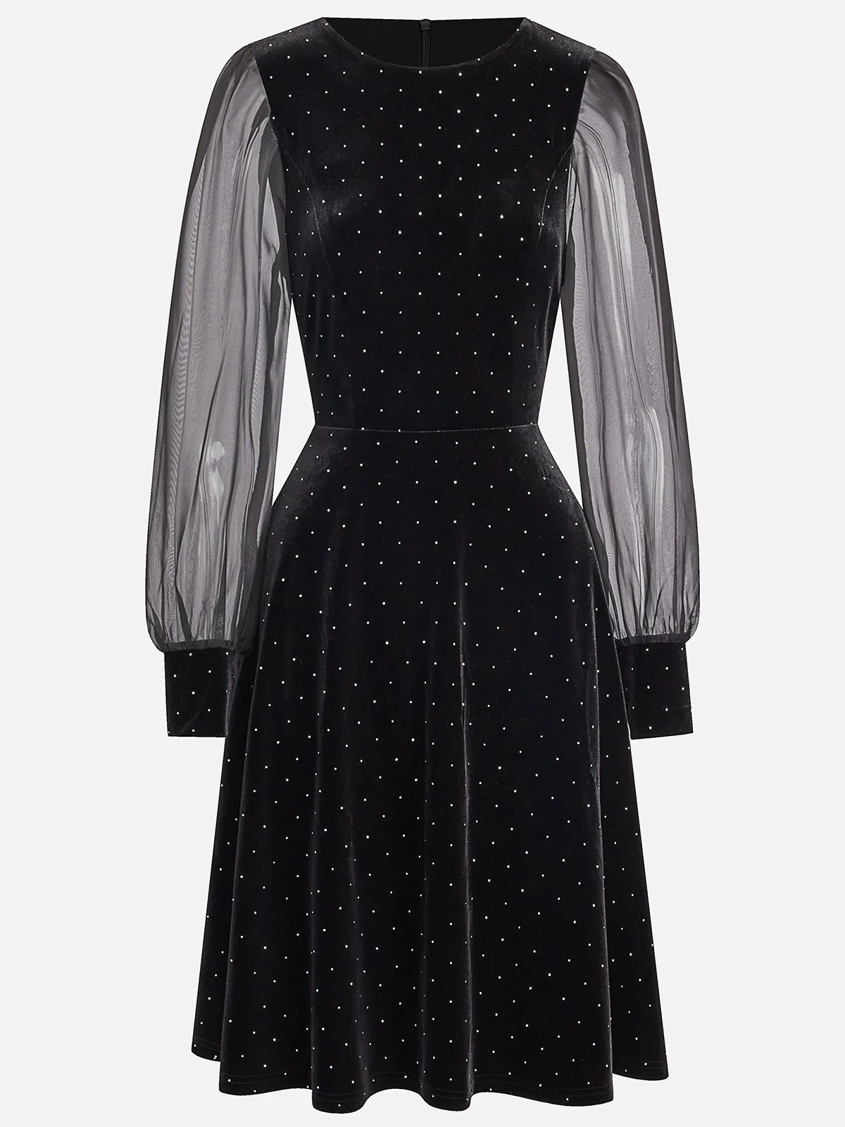 Black Hot Drilling Mesh Velvet Crew Neck Long Sleeve Balloon Sleeve A-Line Midi Dress