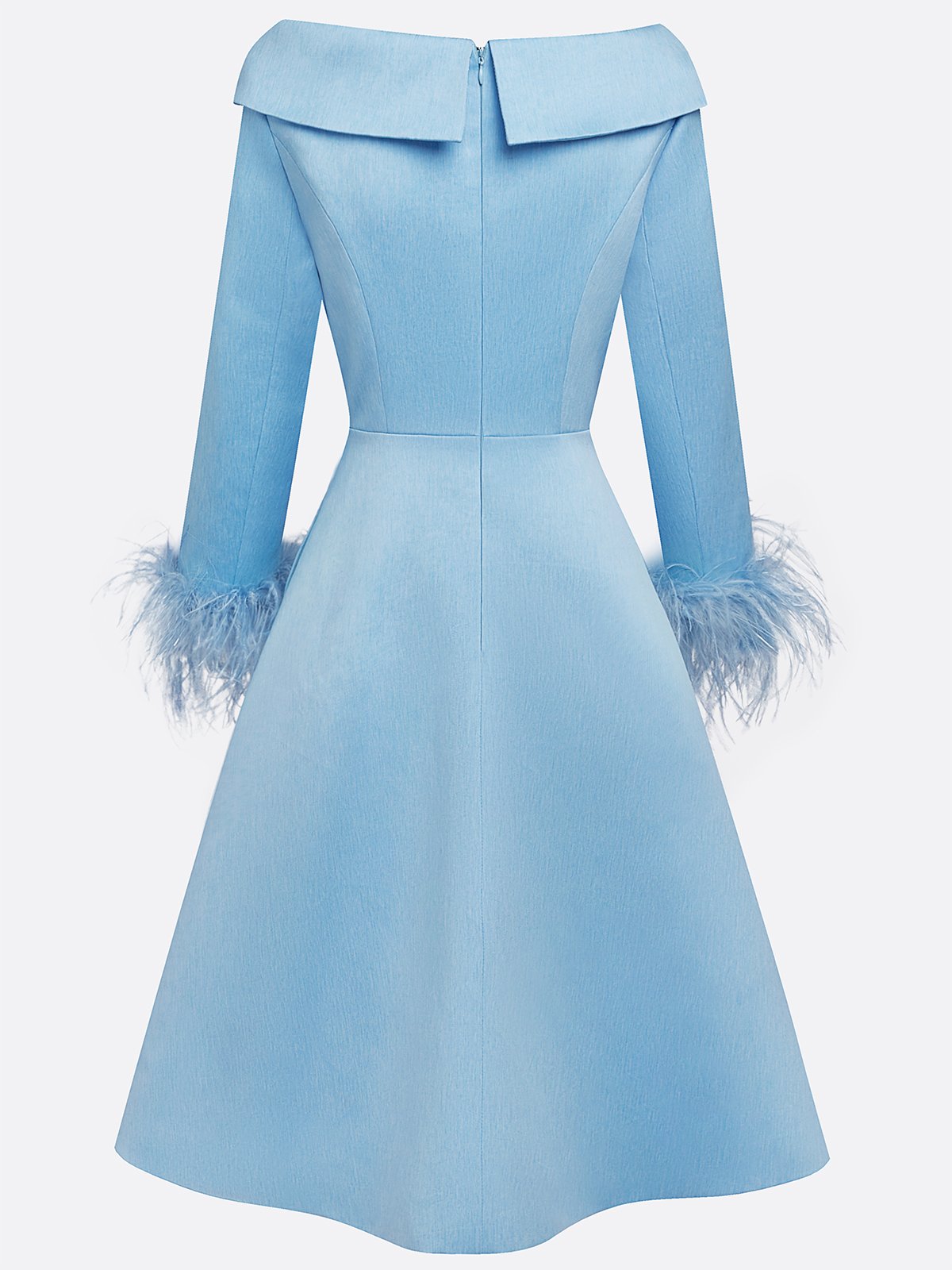 Blue Feather Buckle Classic Cold Shoulder Long Sleeve A-Line Midi Dress